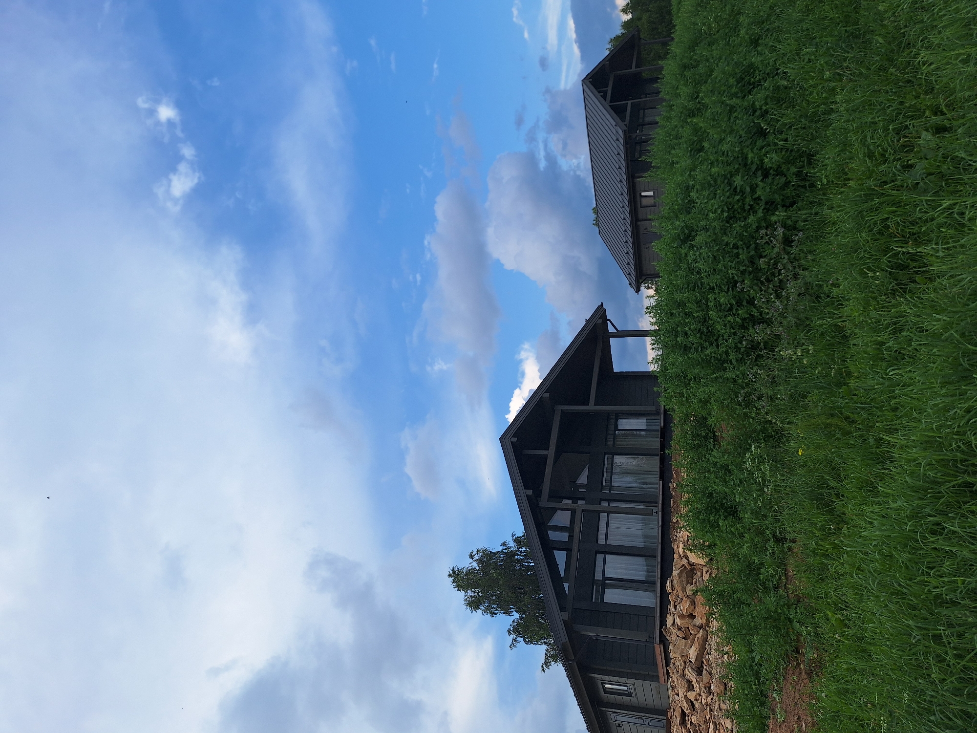 The image shows two modern, dark-colored wooden houses situated on a grassy hill under a partly cloudy blue sky. The house in the foreground is larger, with a prominent gabled roof and large windows that reflect the sky. It is built on a rocky foundation and surrounded by lush green vegetation. A tall, slender tree stands to the left of this house. The second house, smaller and further back, also features a gabled roof and is partially obscured by foliage. The environment appears rural or suburban, with no immediate signs of urban development. The scene is peaceful and natural.