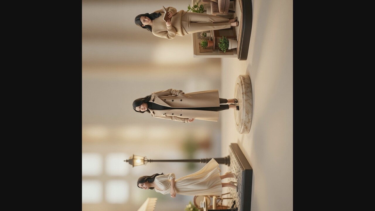 Three female figurines are displayed in a staged environment. The figurine on the left wears a long, cream-colored dress and stands next to a miniature table with a coffee cup and a streetlamp. The middle figurine is dressed in a beige trench coat over a black turtleneck and pants, standing on a marble pedestal. The figurine on the right wears a beige sweater and matching pants, holding an open book and standing in front of a diorama of a bookshelf with plants. The background suggests an indoor setting with soft lighting. The overall presentation resembles a museum exhibit or a retail display.