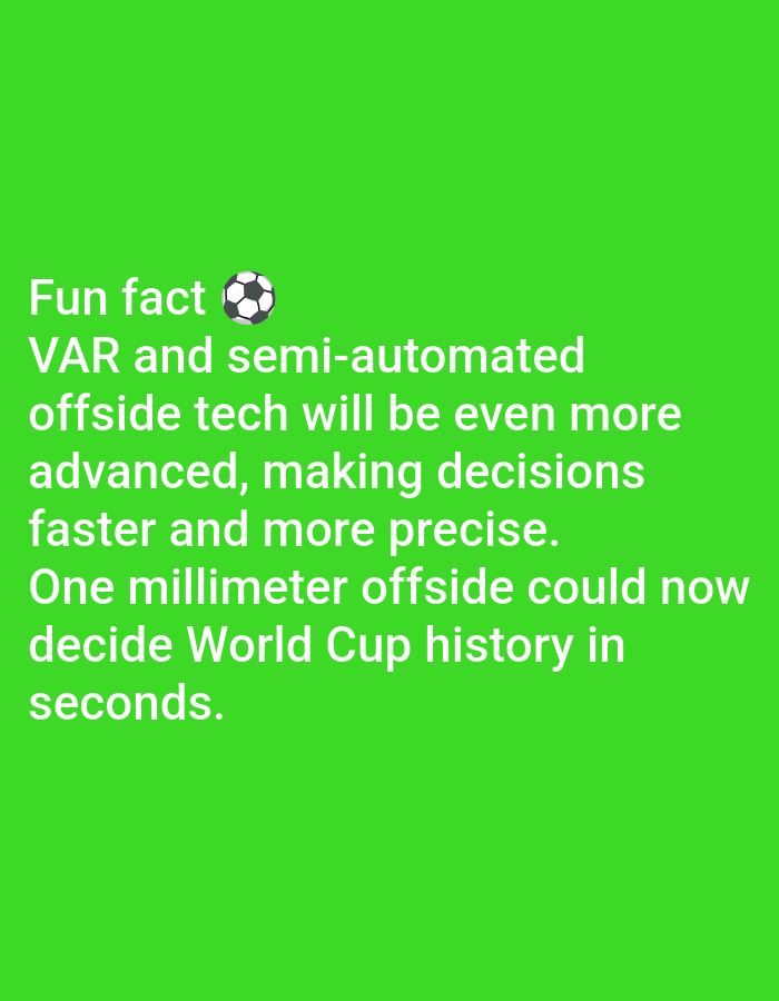 The image is a screenshot of a social media post or graphic with white text on a bright green background. The text reads: "Fun fact ⚽ VAR and semi-automated offside tech will be even more advanced, making decisions faster and more precise. One millimeter offside could now decide World Cup history in seconds." A small, black and white soccer ball emoji is positioned next to the words "Fun fact". There is no discernible location in Lagos, Nigeria, or any other geographical information present in the image. The image contains only text and an emoji against a plain background.