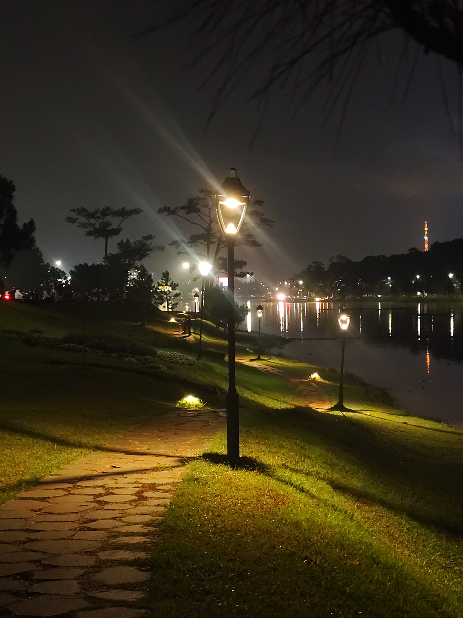 A nighttime shot shows a paved path illuminated by ornate street lamps. The path winds through a grassy area along a body of water, likely a lake, reflecting the lights. In the background, there are trees and a communication tower. A group of people is visible in the distance, gathered on an illuminated, raised area. The location is likely Da Lat, Vietnam, due to the city's known landscape and the presence of the telecommunications tower.