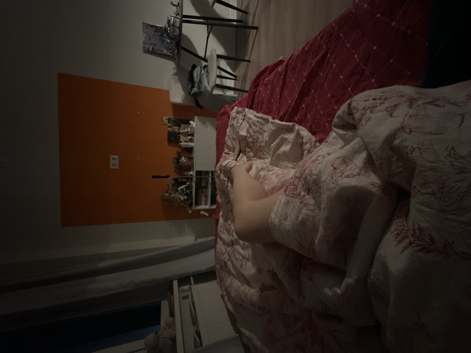 The scene depicts an interior room, identified as being in the city of Khimki, Russia. The lighting is dim, suggesting a low-light environment. In the foreground, a person is lying on a bed, mostly covered by a rumpled duvet featuring a white background with a red floral or toile de Jouy pattern. The lower portion of one leg and foot, exhibiting fair skin, are exposed from under the duvet, with the knee slightly bent. The bed beneath the duvet is covered with a red, patterned bedsheet or blanket.
In the midground, to the left, a window is partially visible, covered by light-colored curtains. A dark blue hue, indicative of night or twilight, is visible through the window. Below the window is a white radiator, and on a white shelf above it, two light-colored teddy bears are positioned. The wall predominantly consists of an off-white or light gray color, with a prominent, irregular orange-painted section on the right. This orange section features two white electrical outlets. Beneath the orange wall, a white slatted-front cabinet serves as a storage unit, adorned with various decorative items, including what appear to be flowers, figurines, and framed images. A dark, slender pole-like object stands vertically to the left of the cabinet. To the right of the cabinet, a light-colored chair or stool has dark clothing draped over it. Further right, a dark-colored table holds an open electronic device, possibly a laptop or tablet, and a silver-toned object. A second chair is partially visible behind the table. The floor is covered with light-colored wooden or laminate material.