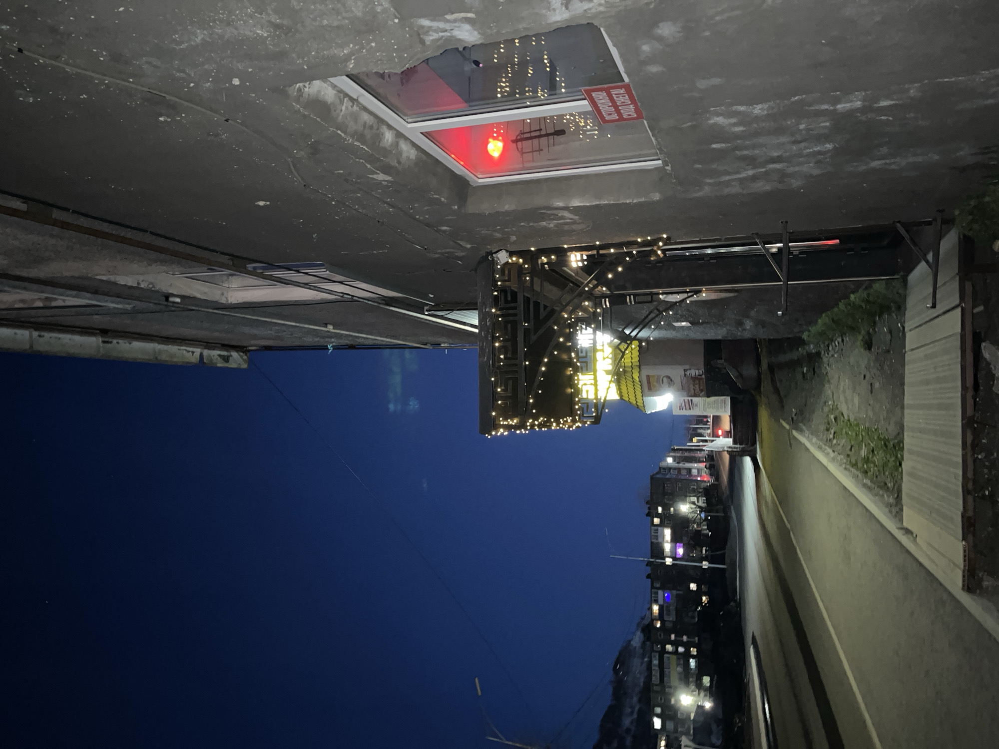 The image shows an urban scene in Petropavlovsk-Kamchatsky, Russia, at night. The sky is a deep blue. The foreground features an overhanging concrete structure with openings, one containing a red light and signage in Russian. String lights are visible, attached to a dark structure below the concrete overhang. Further down, a street stretches into the distance, lined with buildings. Streetlights illuminate the scene, and windows of the buildings are lit. A sidewalk runs alongside the street.