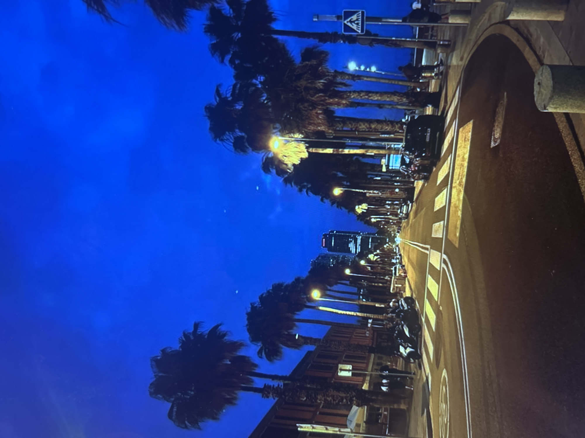 This image captures a wide, palm-lined urban street at dusk or night in Barcelona, Spain. The sky is a deep, uniform blue with minimal cloud definition, exhibiting a subtle lens flare in the upper left portion. The multi-lane asphalt road, illuminated by streetlights, features prominent white and yellow lane markings, including a pedestrian crosswalk with alternating yellow and white stripes in the foreground. A circular road marking is present near the crosswalk.
On the left side of the street, a continuous row of tall palm trees partially obscures a multi-story building with reddish-brown architectural elements. Beneath these trees, several individuals are visible on the sidewalk, with a cluster of three parked scooters or motorcycles positioned near the pedestrian crossing.
The right side of the street is similarly lined with numerous palm trees and a continuous sidewalk or promenade. Several people are dispersed along this path, and a blue square sign featuring a white pedestrian symbol is affixed to a pole. A dark-colored car is present further down the right side of the road.
Warm, yellowish-orange light emanates from numerous streetlights, casting illumination onto the road surface and the lower sections of the palm tree trunks. In the distant background, two distinct modern skyscrapers are visible, one featuring a prominent rounded top. The scene depicts an active urban environment transitioning into night.