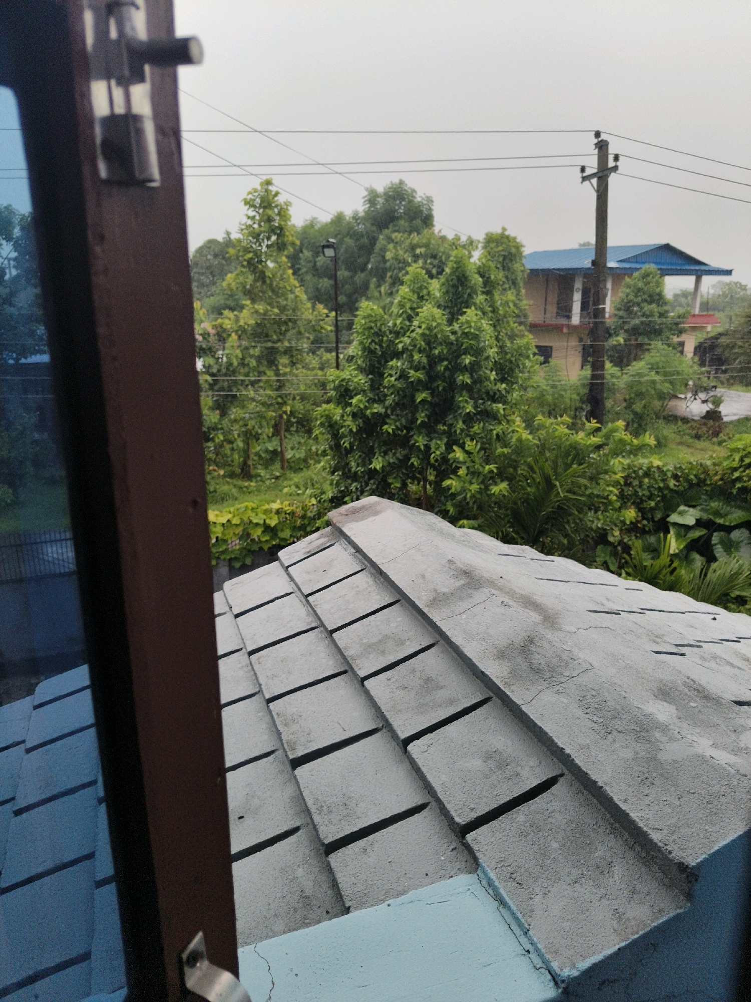 A low-angle, outdoor, vertical, slightly blurry photograph shows a view from a window overlooking a lush green, overcast landscape with a blue-roofed building. In the foreground, a dark brown wooden window frame and a metal latch are visible on the left, partially obscuring a blue tiled surface. Ahead, a light gray tiled roof extends into the frame from the bottom right. Beyond the roof, a dense array of vibrant green trees, bushes, and foliage dominates the mid-ground. A two-story building with a distinctive bright blue, sloped roof and light-colored walls is nestled among the trees. A wooden utility pole with multiple wires stands prominently in front of the building, and a street lamp is visible atop the pole. The sky is a uniform, hazy gray, suggesting an overcast or rainy day. The scene is likely situated in Ratnanagar, Nepal, given the common architectural style and abundant vegetation.