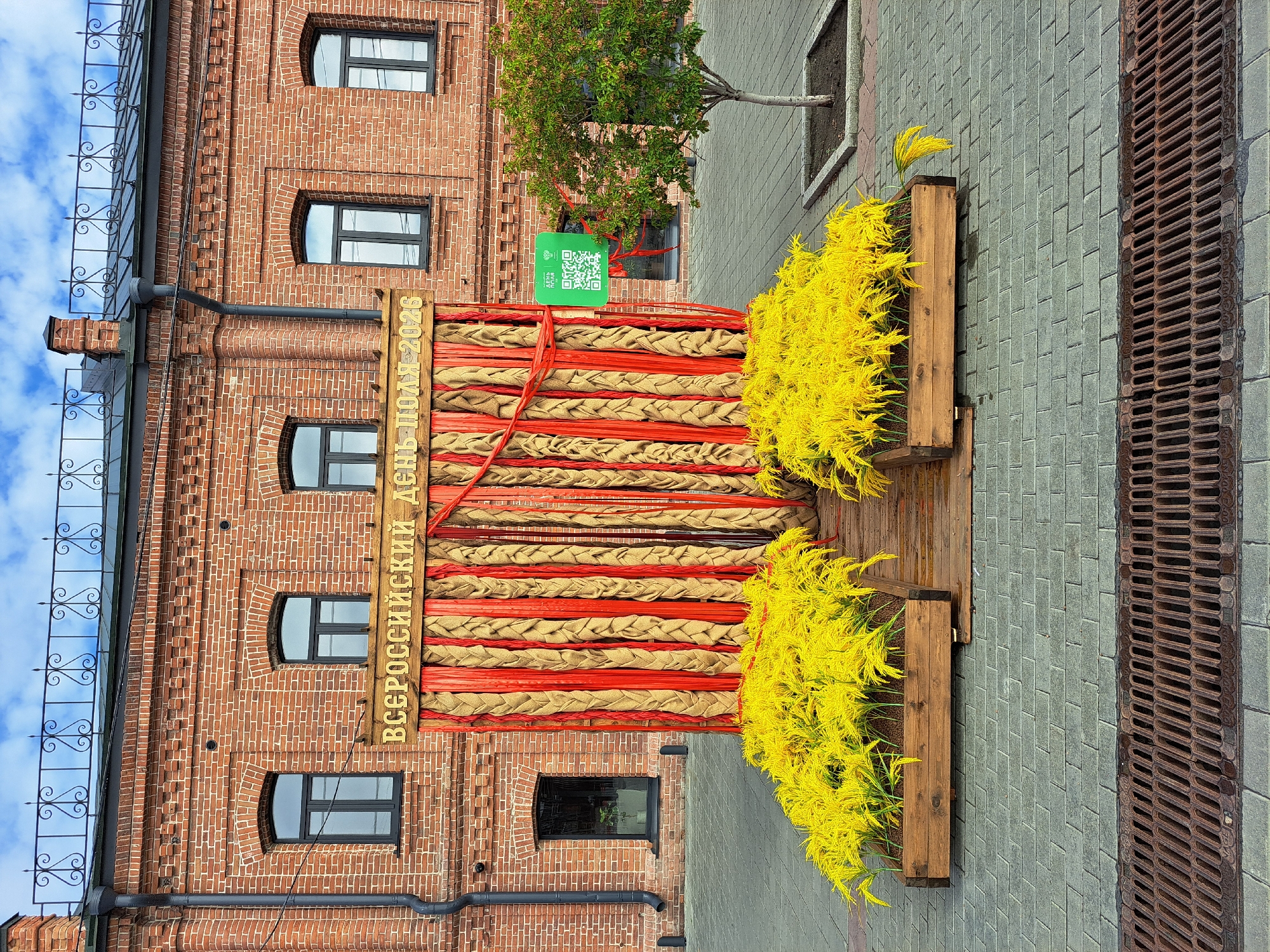The image depicts an outdoor scene in front of a red brick building. A wooden structure with red and tan braided streamers hangs in the center, bearing the Russian text "ВСЕРОССИЙСКИЙ ДЕНЬ ПОЛЯ-2026" (All-Russian Field Day-2026). In front of this structure are two wooden planters filled with bright yellow foliage. A QR code on a green square sign is visible to the right of the structure, with the text "ДЕНЬ ПОЛЯ" (Field Day) above it. A small tree with green leaves and some red berries grows to the right of the QR code. The ground is paved with grey bricks, and a rusty metal grate is present in the foreground. The scene is located in Barnaul, Russia, specifically on Stroitelnaya Street. The building appears to be a historical structure with arched windows and decorative brickwork. The sky is visible in the upper part of the image, with some clouds. There are no people visible in the image.