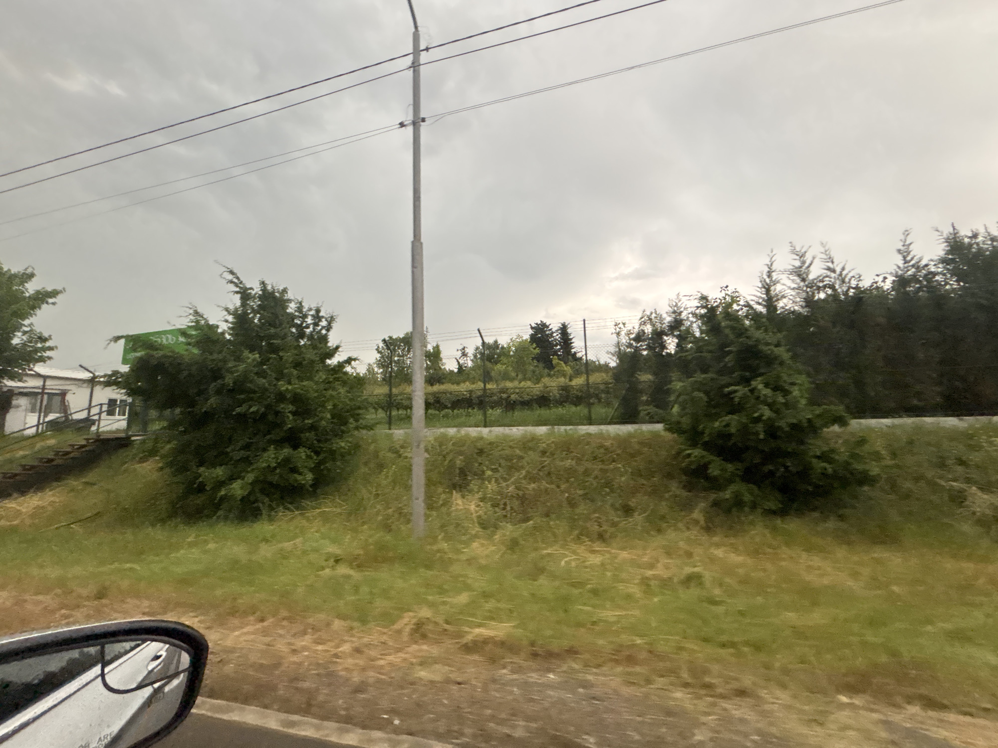 This is a medium-shot, slightly tilted, outdoor image taken from a car, looking out towards a grassy embankment and a fence line under a cloudy sky. In the foreground, a portion of a car's rearview mirror is visible on the left. A light-colored building with a ramp and stairs leading up to it is situated on the left side of the image. A bright green sign with text that is not clearly legible is mounted on a tree or shrub to the left of the building. The embankment is covered in green grass with patches of dry straw. Beyond the embankment, a fence runs horizontally across the image, topped with barbed wire in some sections, and beyond that, a dense line of trees forms a backdrop. A single, grey utility pole stands in the middle of the image. The overall scene suggests a semi-rural or industrial edge location, possibly near the outskirts of Tbilisi, Georgia, given the mention of this location, though no specific landmarks confirming this are visible. The lighting is diffused due to the overcast sky.