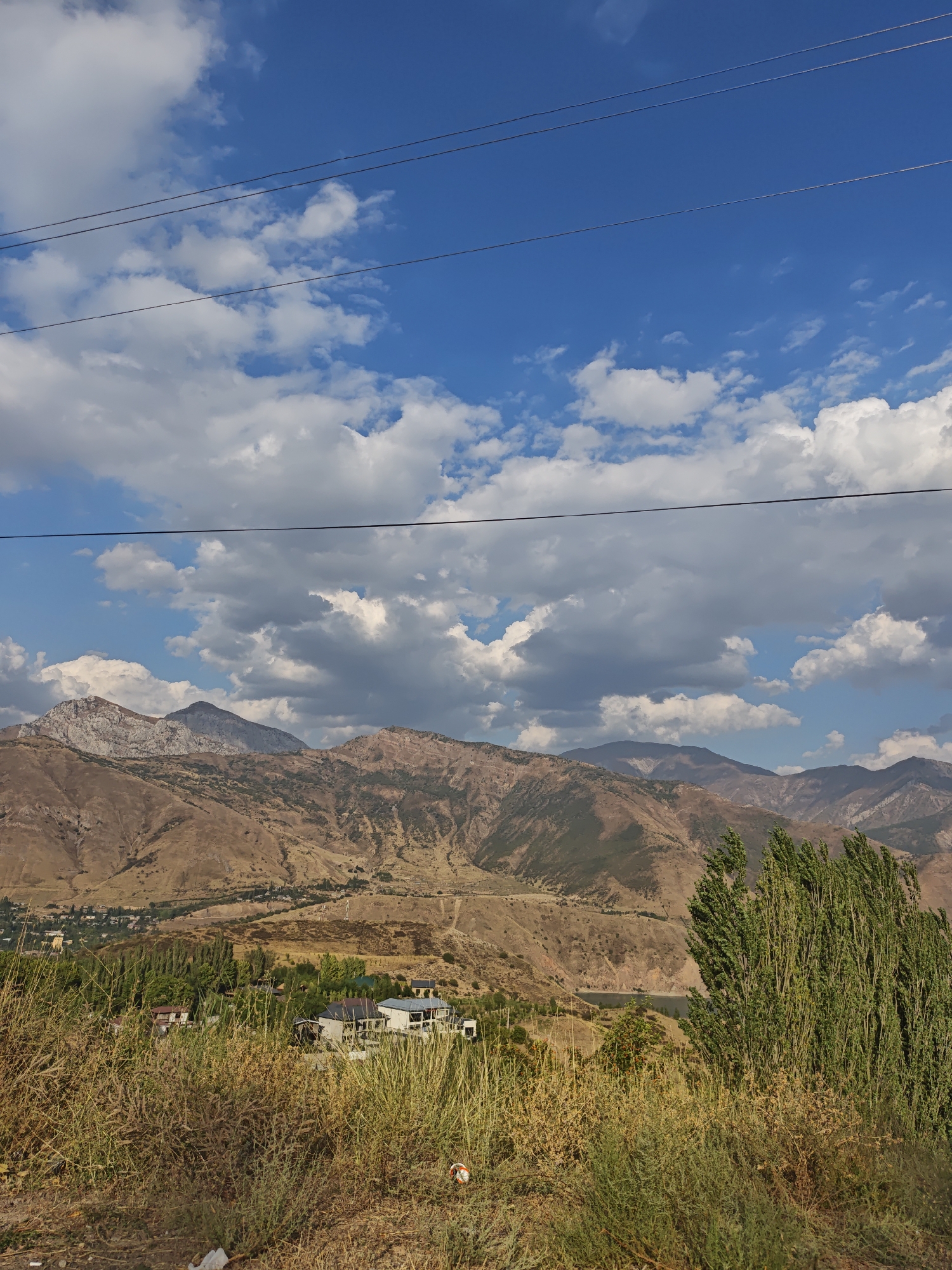 The image depicts a mountainous landscape with a village in the valley, located in the city of Yangikurgan, Uzbekistan. The sky is a vibrant blue, dotted with fluffy white and grey clouds. Three thin power lines stretch horizontally across the upper portion of the frame. The mountains in the background are rugged and dry, with hues of brown and tan, and some patches of green vegetation. A smaller peak with a lighter, rocky summit stands out among them. In the mid-ground, a cluster of trees, some appearing to be tall and slender, separates the mountains from a small settlement. Several buildings with dark roofs are visible within the settlement, suggesting a residential area. The foreground is dominated by dry, tall grass and brush, with some scattered white debris on the ground. To the right, a dense group of tall, green trees sways in the wind, partially obscuring a dark body of water in the distance, possibly a reservoir or lake. The overall impression is one of a rural, arid environment with signs of human habitation.