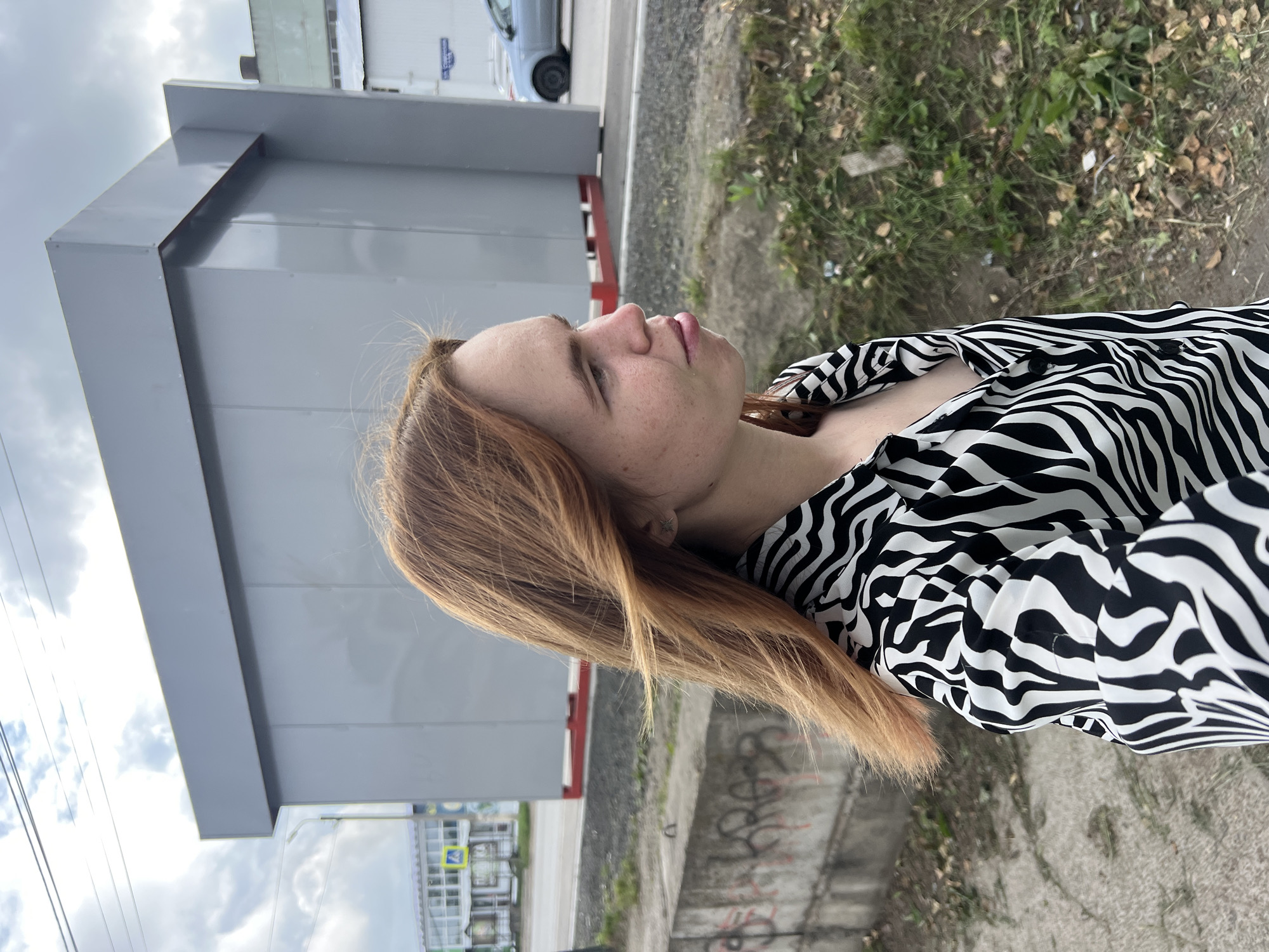 A young woman with shoulder-length auburn hair, wearing a black and white zebra-print shirt, stands outside. She has freckles and is looking to the right of the frame. Behind her is a grey, modular structure with a red base, and in the distance, a street with a traffic light and a blue car are visible. The scene appears to be in an urban or industrial area.
