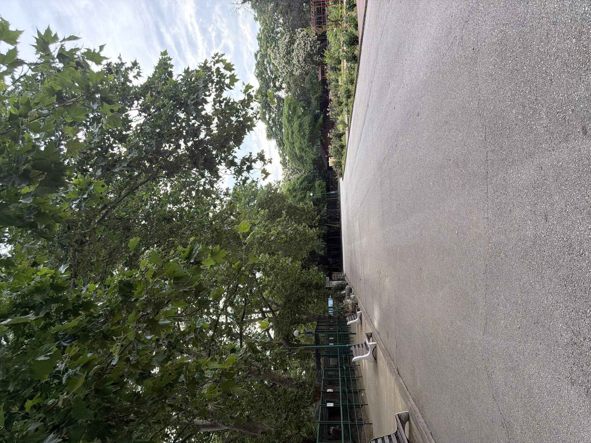 The image depicts a paved pathway within a park, lined with benches and mature trees. On the left side of the pathway, there is a green fence with several warning signs and some enclosure structures, possibly indicating an animal exhibit or a restricted area. Several park benches are visible along the pathway, some occupied by single individuals. The pathway is clear, with no vehicles or significant activity. The trees are lush and green, providing ample shade, and the sky is partly cloudy. The scene is consistent with a public park in Pazardzhik, Bulgaria, likely a zoo or botanical garden.