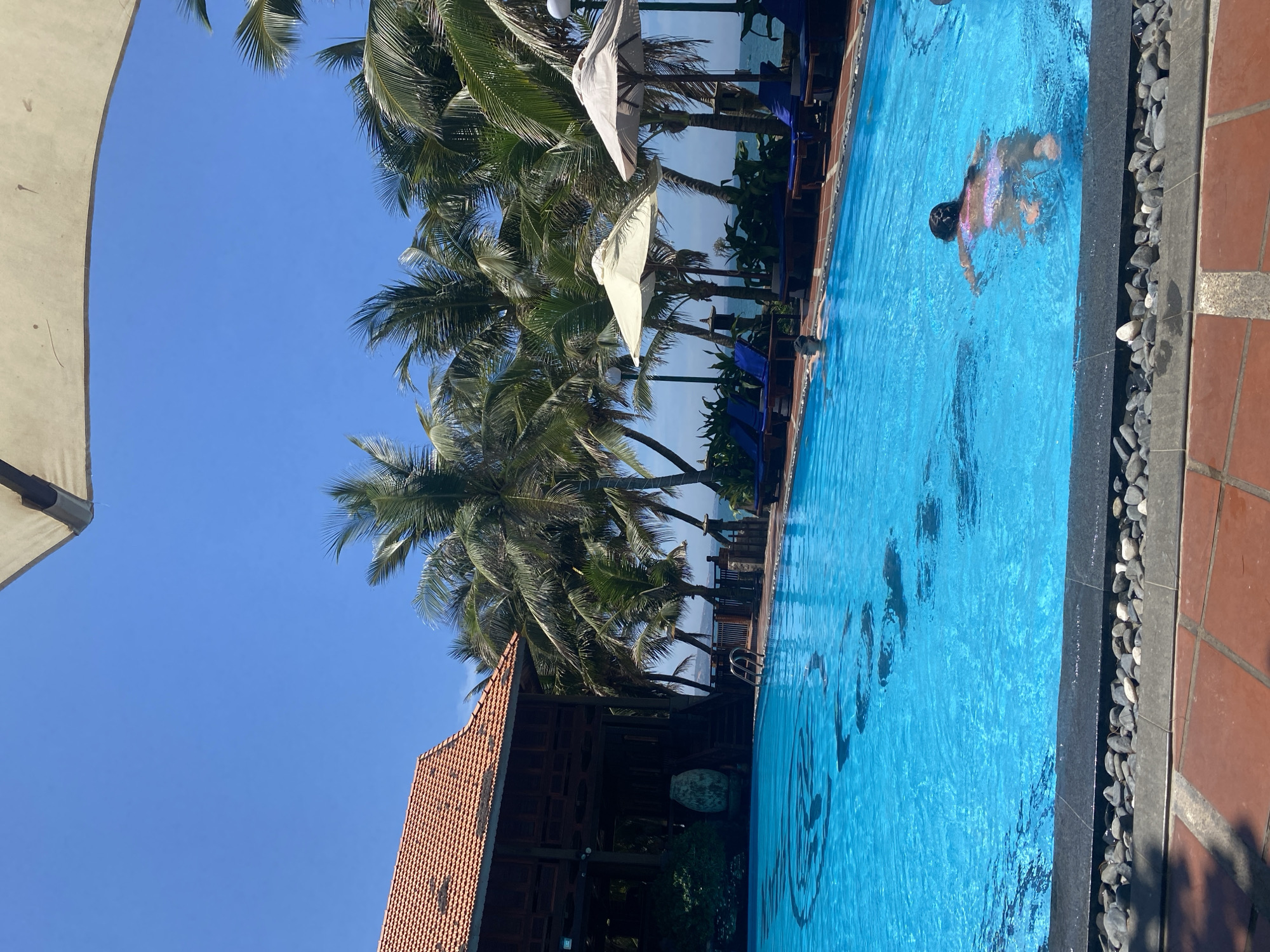 The image shows a resort swimming pool in Phu Thuy Ward, Vietnam, on a sunny day. A young person in a pink swimsuit is swimming in the clear blue water, viewed from behind. To the left, a wooden building with a red tile roof is visible, surrounded by lush palm trees. Beach chairs and umbrellas are arranged around the pool, with a view of the ocean in the background. The poolside is paved with terracotta tiles and pebbles.