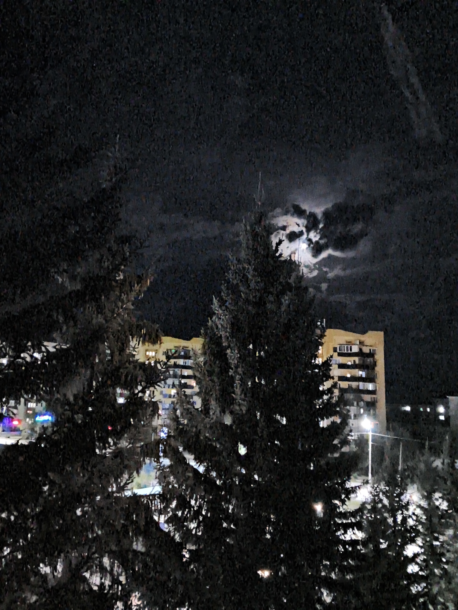 A nighttime city scene in Shchuchinsk, Kazakhstan, is depicted with a large, partially obscured moon and dramatic cloud formations dominating the dark sky. In the foreground, two dark silhouettes of coniferous trees partially obstruct the view of buildings and city lights. A multi-story apartment building, illuminated from within by numerous windows, is visible behind the trees. A streetlamp is also visible, casting light on the surrounding area. The overall impression is one of a quiet, somewhat eerie urban night.