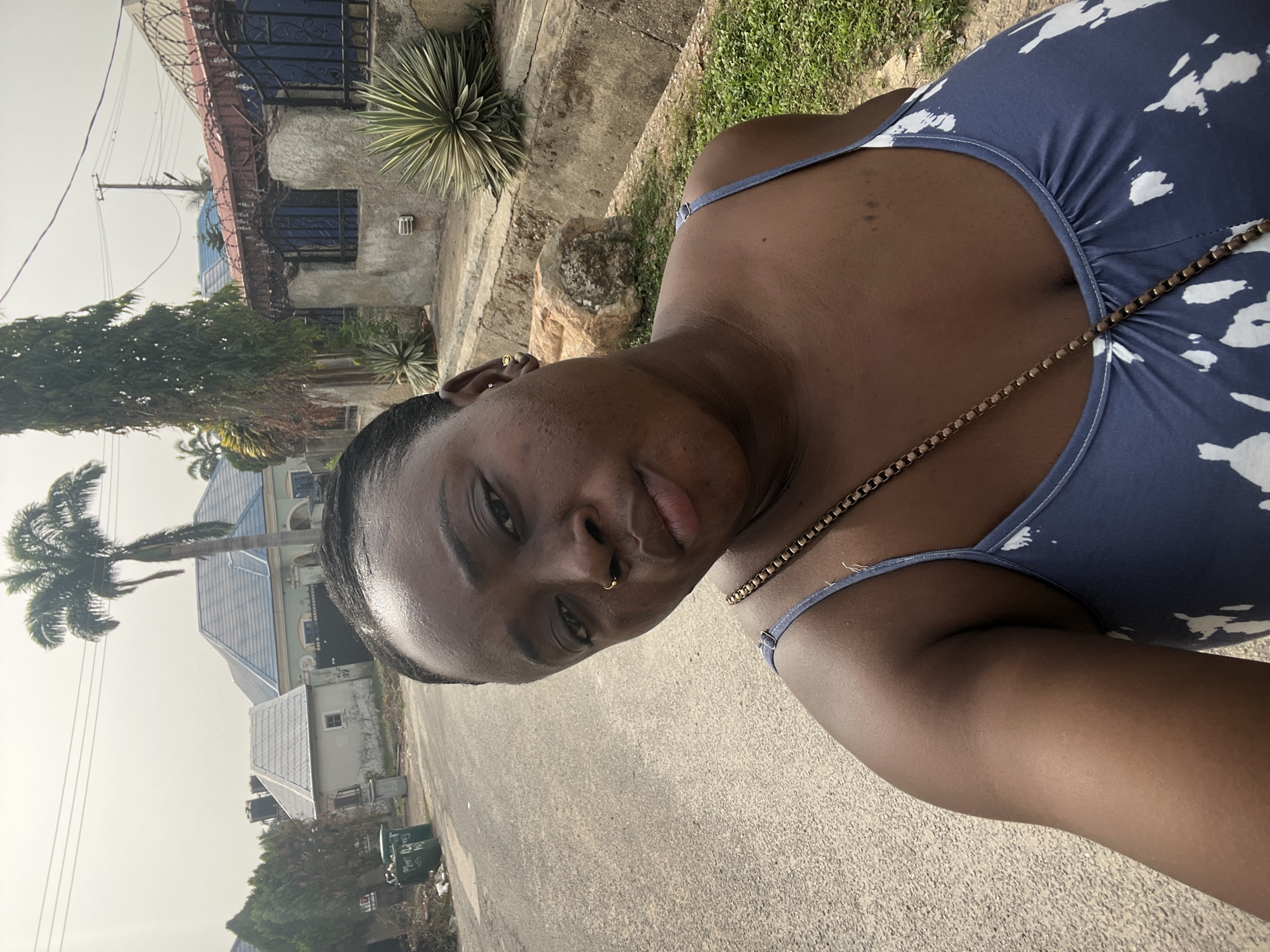 The image is a selfie of a woman with dark skin, a nose ring, and multiple ear piercings. She is wearing a sleeveless blue and white top and a gold-colored chain. The background shows a street scene in Abuja, Nigeria, with various buildings including a house with a blue roof and barbed wire, greenery, a palm tree, trashcans, and a paved road.