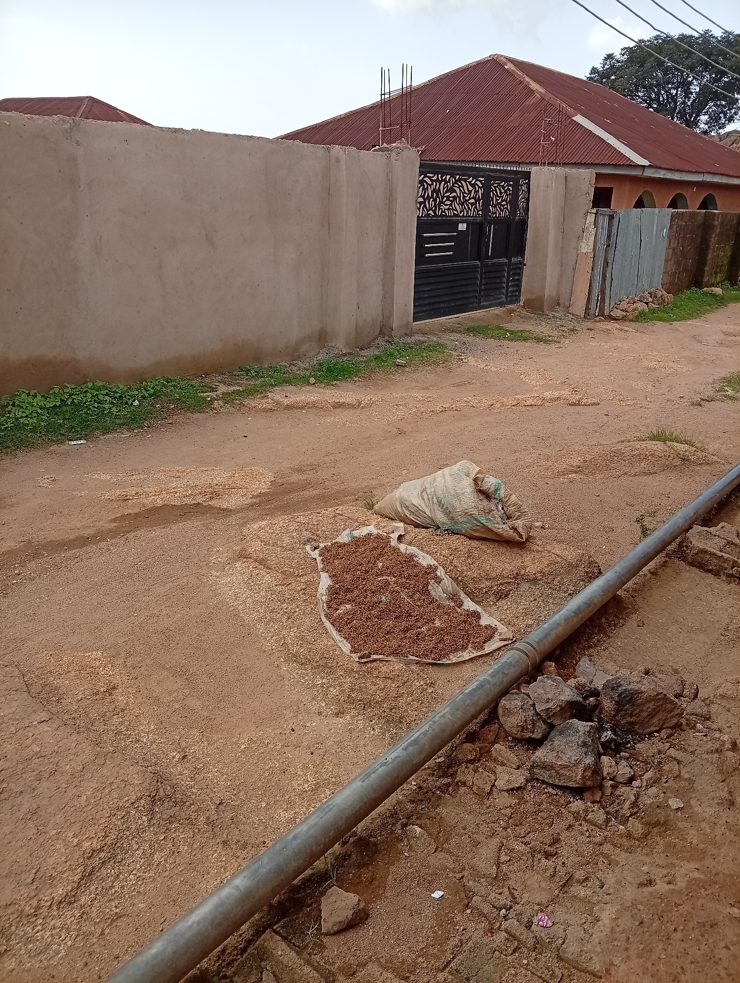 The image depicts an outdoor scene in Jos, Nigeria. In the foreground, a large metal pipe runs horizontally across the frame. To the left of the pipe, a white sack lies on the ground, partially filled with a light-colored granular material. Adjacent to the sack, a white cloth is spread out on the dirt, covered with a dark brown, granular substance. The ground itself is composed of reddish-brown dirt, with scattered lighter-colored particles and a few rocks. In the mid-ground, a concrete wall runs horizontally, separating the dirt area from a gated entrance. The gate is black and ornate, with a patterned design. Beyond the gate, a building with a red corrugated iron roof is visible, featuring arched openings and a zinc fence. The sky above is overcast. The overall environment suggests a residential or commercial area, possibly a yard where materials are being dried or stored.