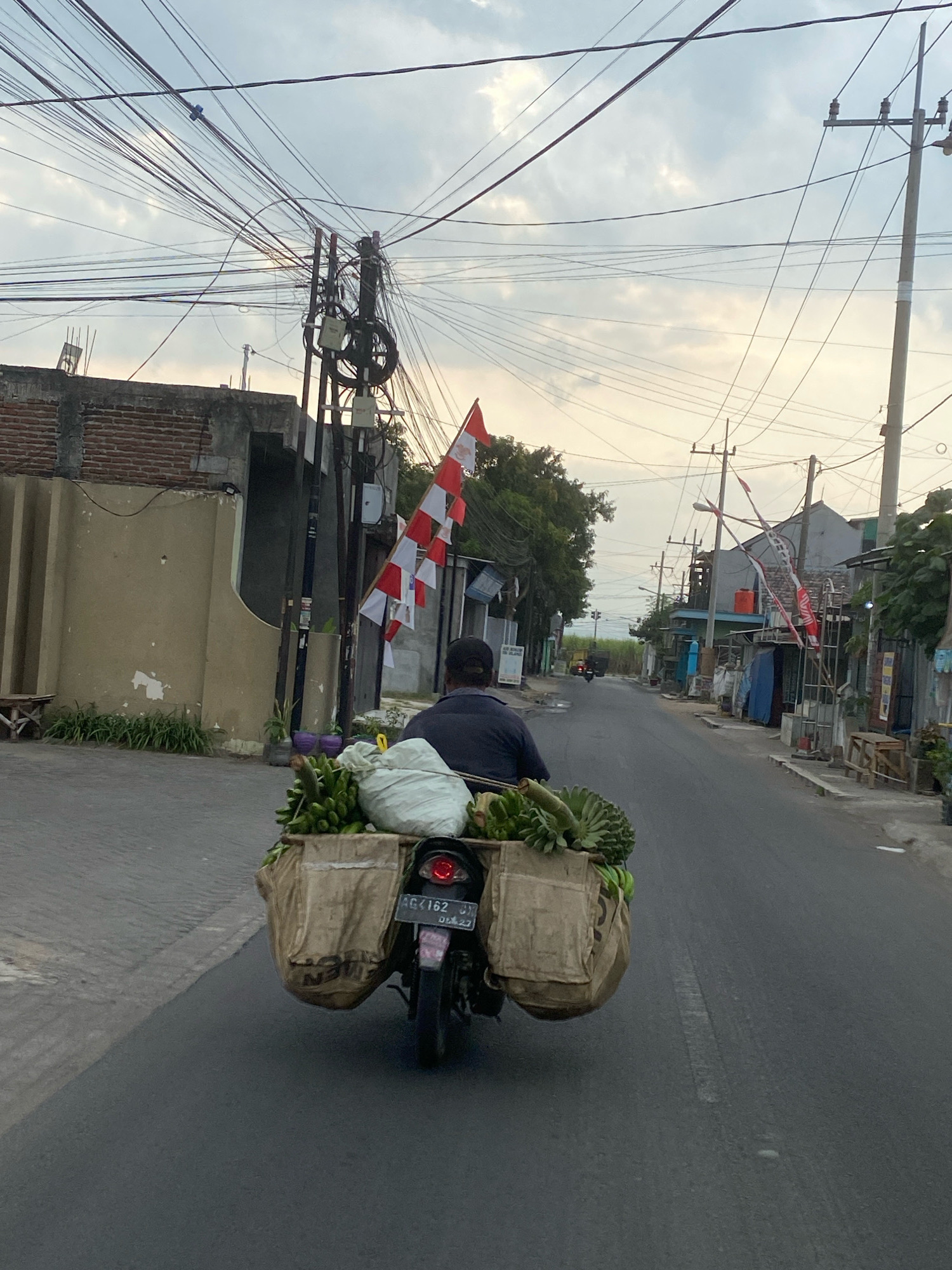 The image depicts a street scene in the city of Kediri, Indonesia, likely in the early morning or late afternoon, given the soft lighting and cloudy sky. A person is riding a motorcycle loaded with produce, primarily bananas, and what appears to be a large sack of goods. The motorcycle has large saddlebags attached to the rear, which are bulging with the cargo. A red and white Indonesian flag is attached to the motorcycle, possibly signifying a national holiday or celebration.
The street is paved and appears to be a residential or commercial area, with buildings lining both sides. The buildings vary in style, from simple brick structures to more modern-looking houses. There are numerous utility poles and a dense network of overhead electrical wires, a common sight in Indonesian cities. Greenery is visible in the form of trees and small plants along the roadside. The overall atmosphere is one of daily life and commerce. The license plate on the motorcycle is partially visible, with markings that suggest it is registered in Indonesia.