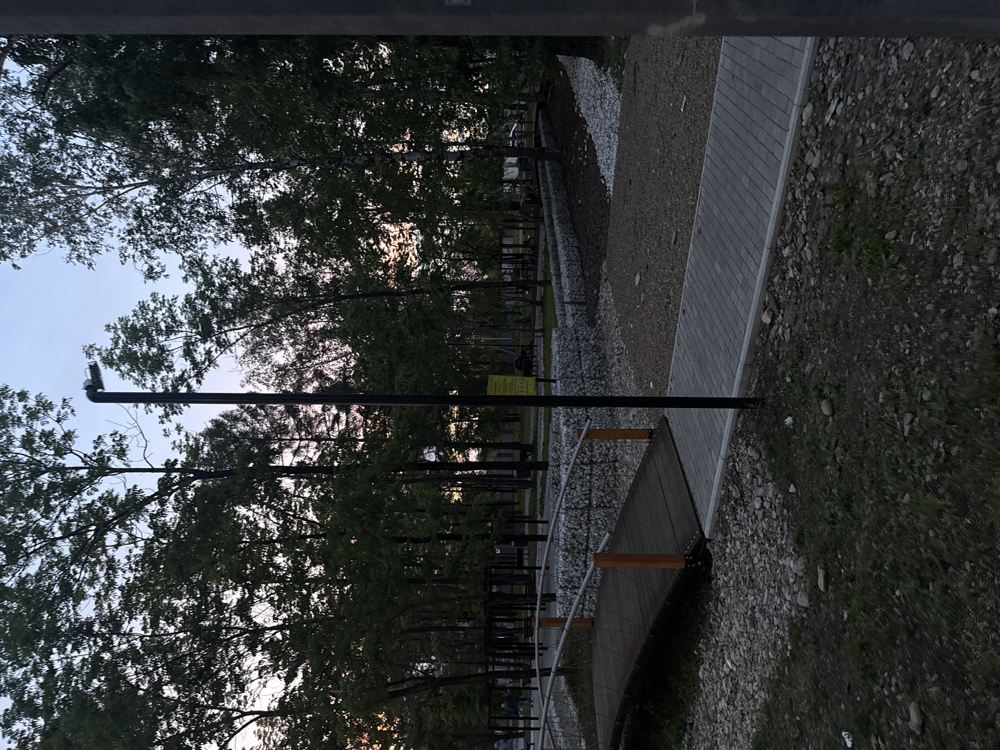 The image captures an outdoor scene, likely a park or pedestrian area, at twilight. The original image is rotated 90 degrees clockwise.
**Subjects:** The dominant subjects are numerous trees with dense, dark green foliage, silhouetted against a pale sky. A paved pathway, made of light-colored rectangular pavers, runs diagonally across the scene. Adjacent to the path, and in other sections, there are areas covered with light-colored gravel or small stones, interspersed with patches of grass and dark earth. A modern-looking black metal pole, possibly a street light or camera mount, stands prominently in the foreground. In the mid-ground, there is a wooden structure, possibly a small bridge or deck, with a metal railing. No people are visibly present.
**Activity or event taking place:** No specific activity or event is taking place; the scene depicts a static view of the park.
**Notable details:** The time of day appears to be either dawn or dusk, indicated by the dim, soft light and the pale blue sky transitioning to lighter, almost white or faint orange hues near the horizon, typical of twilight. The overall atmosphere is quiet and serene. A small, rectangular yellow sign is visible in the mid-ground, partially obscured by trees and the pole.
**Visible text:** On the yellow sign, the Cyrillic word "ВНИМАНИЕ!" (Vnimanie!, meaning "ATTENTION!") is discernible at the top, though other text below it is too blurry to read clearly.
The setting suggests a well-maintained public space in an urban or suburban environment, potentially in Birobidzhan, Russia, as per the provided context.