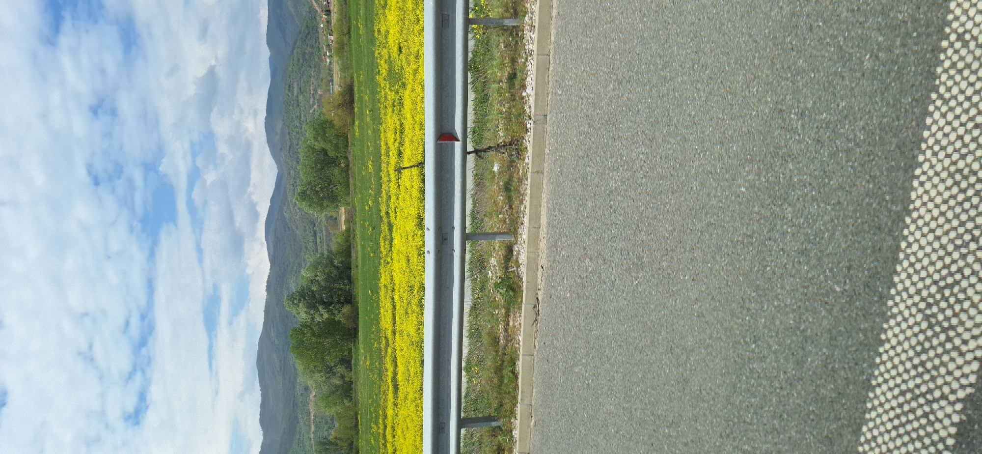A roadside view near Valkovo, Bulgaria, showcases a highway bordered by a metal guardrail, separating the asphalt road from a field of yellow wildflowers and green grass. Further into the background, rolling hills covered in trees rise towards a sky filled with scattered clouds and patches of blue. The texture of the road surface is visible, as is a grid pattern (likely from a car window shade) in the bottom right corner.