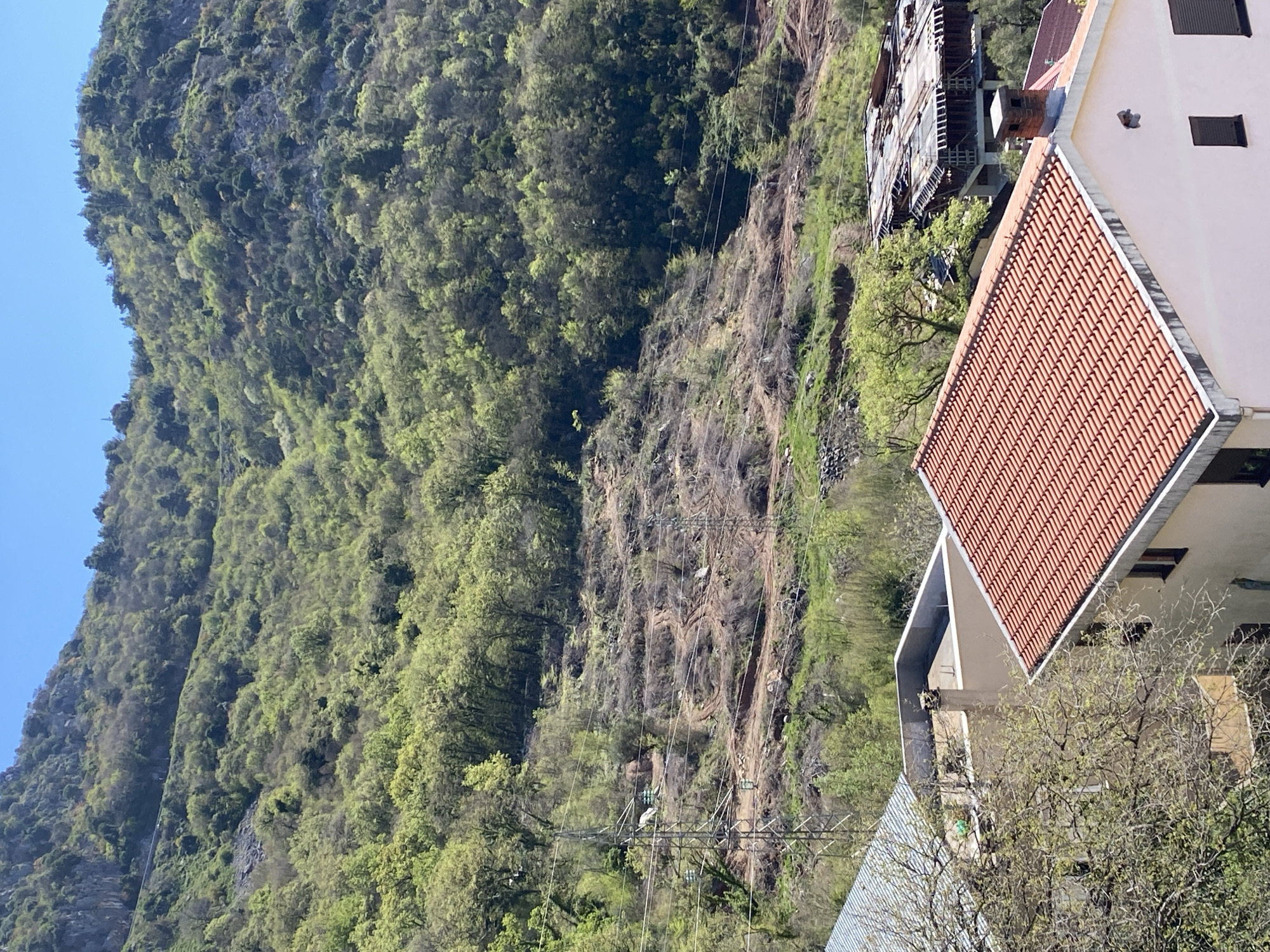 A view of the steep terrain near Budva, Montenegro, shows dense green forest ascending a rocky hill. The forestation transitions to an area with exposed earth and vegetation, where a series of power lines are strung across the slope. Adjacent to this slope are several buildings; one has a prominent red-tiled roof. The overall environment suggests a mix of natural landscape and residential construction on the outskirts of the city.