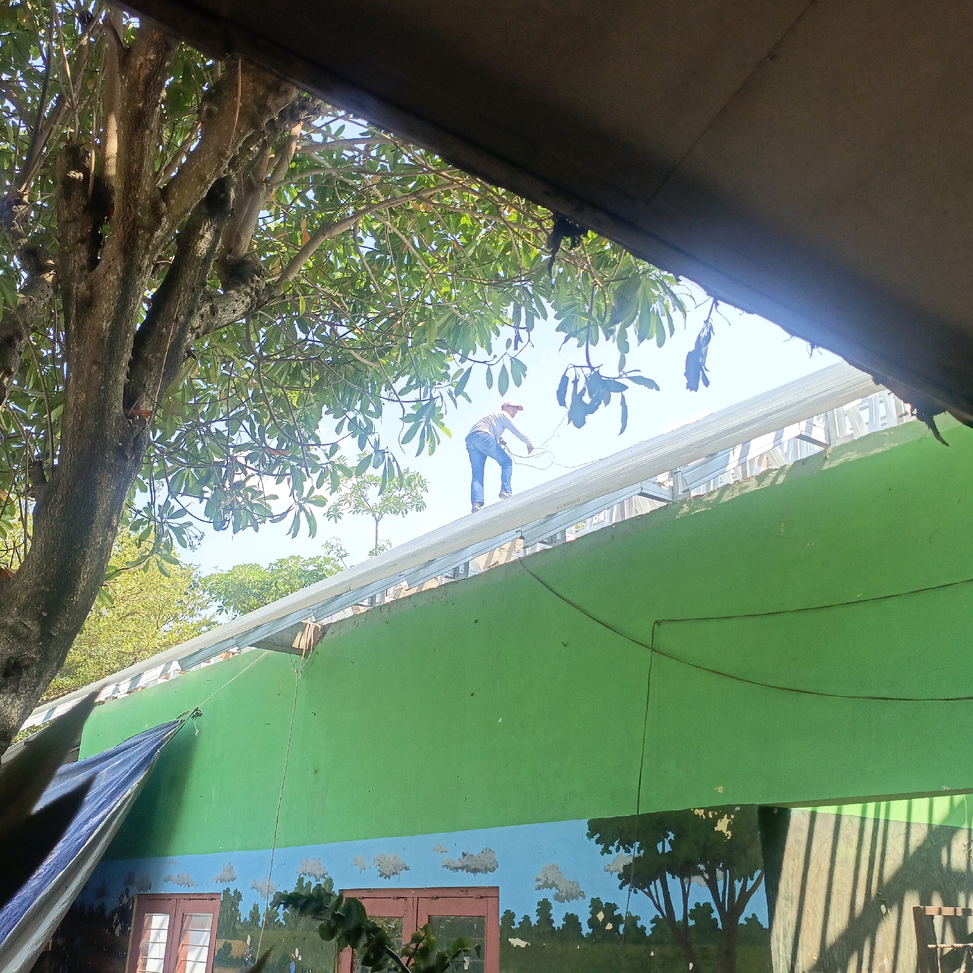 In Salatiga, Indonesia, under a bright sky and partially obscured by tree branches and a dark overhead canopy, a construction worker in jeans and a light-colored long-sleeved shirt and red cap is actively working on a roof. The worker stands on the metal framework of a newly constructed or repaired roof, holding a black wire or cable. Below the roof, a building features a vibrant green wall painted with a mural depicting a blue sky with white clouds and a landscape of trees and windows. A blue tarp is draped over the side of the building, near the roof's edge. The scene suggests ongoing construction or renovation work in an outdoor setting.