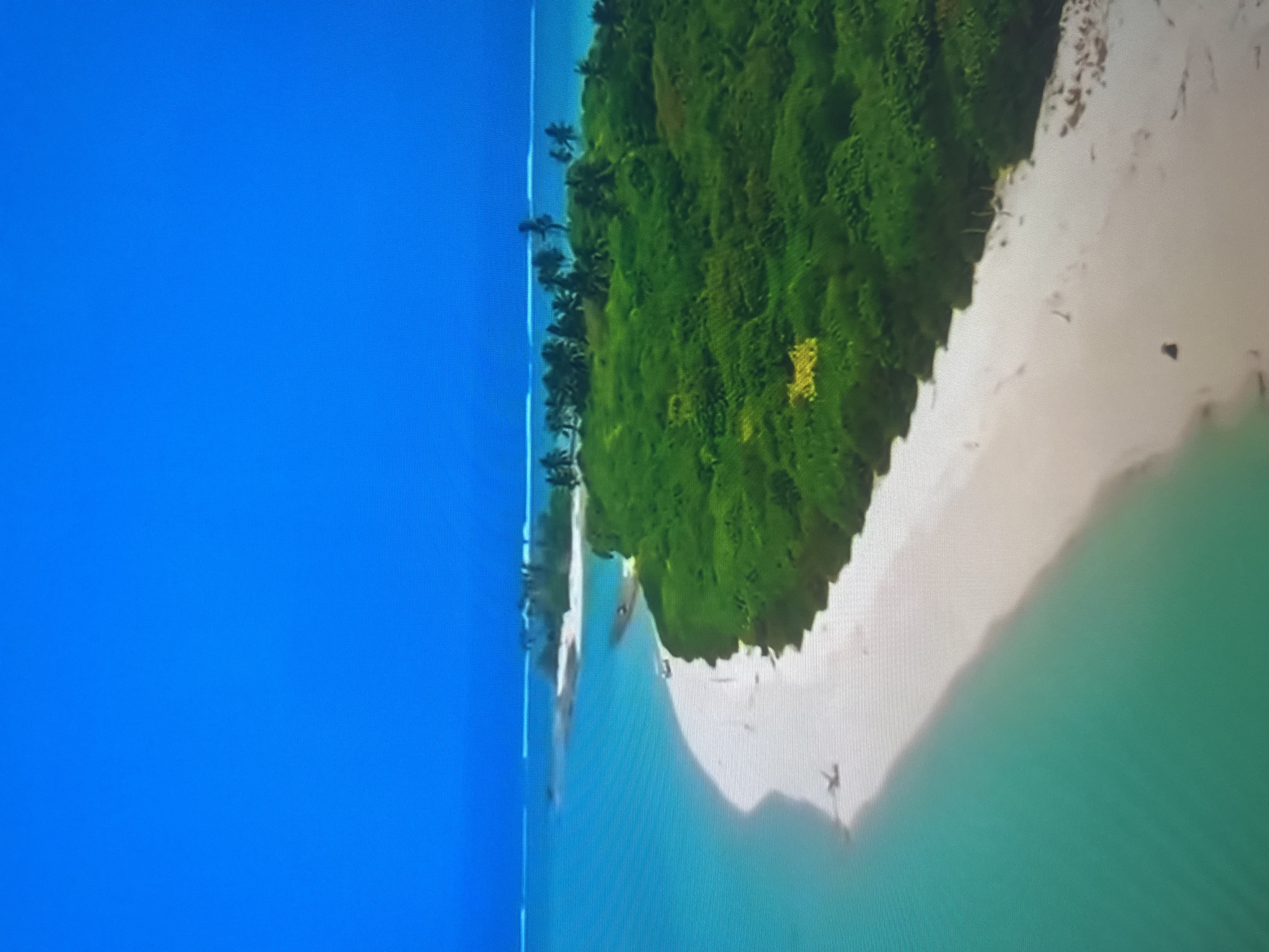 This media file depicts an aerial view of a tropical island. The scene features a vibrant blue ocean meeting a sandy white beach, which is bordered by lush green foliage. Palm trees are visible along the edge of the vegetation, suggesting a warm climate. The water appears clear and calm, with a turquoise hue near the shore. A few small figures, likely people, are scattered on the beach and in the shallow water, enjoying the serene environment. One small boat is visible in the water close to the shore. The lighting suggests it is daytime, possibly late morning or early afternoon, with bright sunshine illuminating the scene. There is no visible text in the media file. The overall impression is one of a peaceful and idyllic tropical paradise. The location context provided (Almaty, Kazakhstan) is inconsistent with the visual cues of a tropical island.