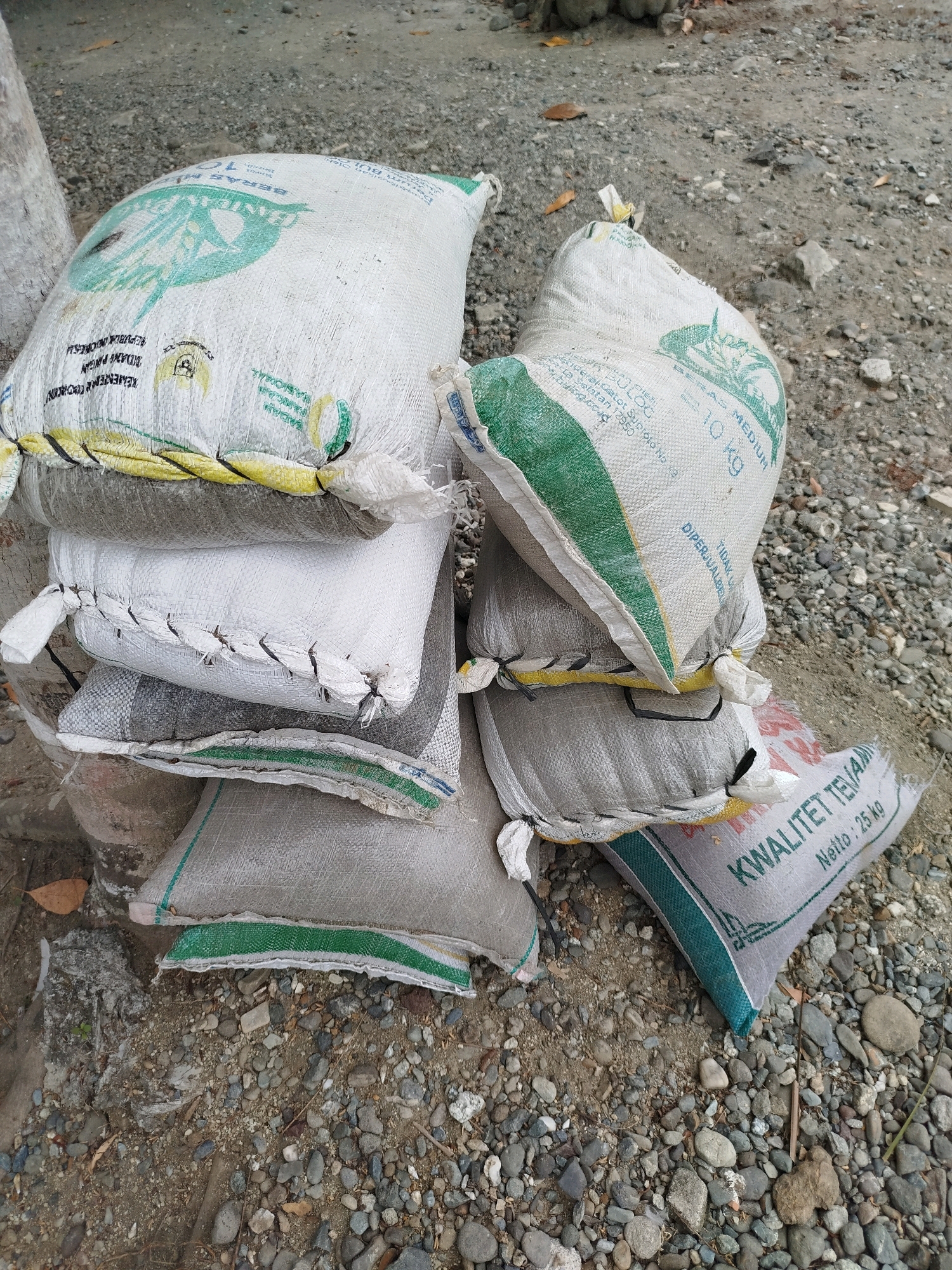 The image shows a stack of large sacks filled with a granular substance, likely rice, arranged outdoors on a gravel and dirt surface. The sacks are primarily white and grey, with green and yellow accents. Some sacks have text printed on them, including what appears to be Indonesian script and weight specifications like "10 KG" and "25 kg". The sacks are tied shut with rope or string. The environment suggests an outdoor storage or market area, possibly in a rural or semi-urban setting, consistent with a location in Widoro, Indonesia. There are no people or animals visible in the image, and the scene is static.