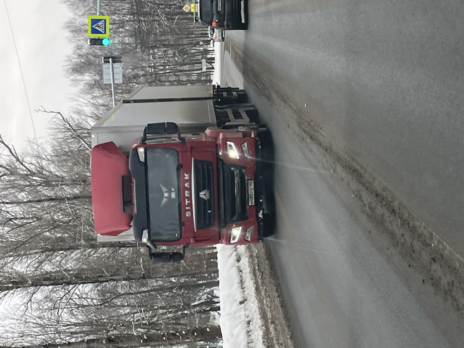 A red SITRAK semi-truck with a white trailer is depicted traveling on a wet, two-lane asphalt road in Novosinkovo, Russia. Snow banks line the left side of the road, bordering a treeline of bare deciduous trees. The truck displays Russian license plate M485VX 199 RUS, indicating registration in the Moscow region, and has its headlights illuminated. A decal is visible on its windshield. A black SUV, bearing a partially visible license plate (M599) and a yellow roof-mounted learner driver sign, follows in the same direction. Further ahead on the right, a traffic light displays a green signal, accompanied by a pedestrian crossing sign and a yellow diamond-shaped road sign. The sky is overcast, and no pedestrians are visible.