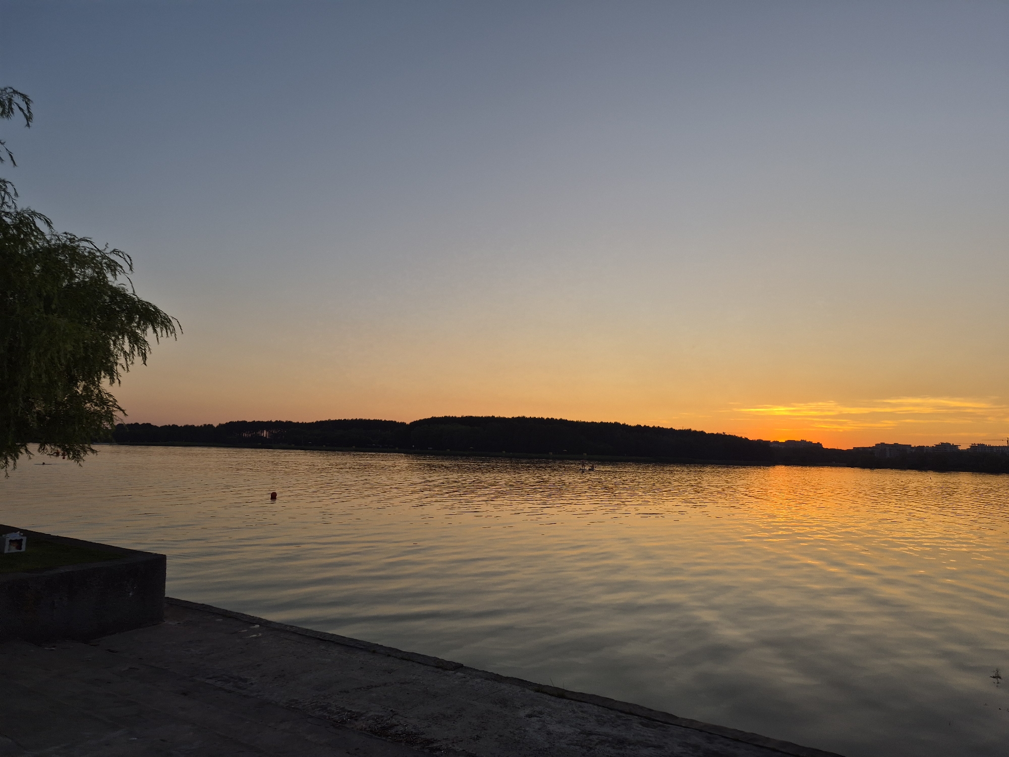 The image depicts a tranquil sunset scene over the Svislach River in Minsk, Belarus. The sky transitions from a pale blue at the top to a warm orange glow near the horizon, where the sun is setting behind a treeline. The river's surface reflects the vibrant colors of the sky, creating a shimmering effect. Along the left bank, a concrete embankment lines the water, with a portion of a weeping willow tree visible in the foreground. In the distance, the silhouette of buildings and a forest can be observed. A single red buoy floats in the water, and a person can be seen swimming.