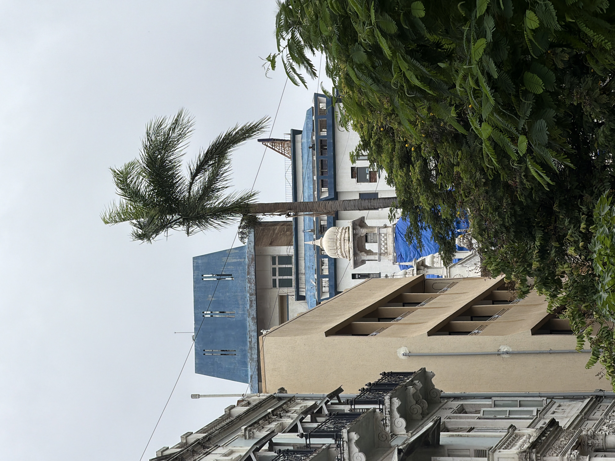 A low-angle medium shot captures a view of buildings and trees on an overcast day in Mumbai, India. The foreground is dominated by the left side of a pale yellow building with a series of dark-rimmed windows and balconies with decorative railings. To the left of this building is a white, ornate building with multiple balconies and open windows. Behind the yellow building, a taller building with a striking blue, angled roof is visible, featuring two vertical openings. Further behind, a white building with blue trim and several windows can be seen, topped by a small, domed structure. A tall palm tree with its fronds extending to the right stands prominently in the center of the frame, partially obscuring the buildings. Dense green foliage from lush trees fills the right and lower portions of the image, with some yellow flowers visible amongst the leaves. Overhead, power lines crisscross the sky, and the sky itself is a uniform light gray, suggesting a cloudy or hazy atmosphere. The overall scene depicts an urban environment with a blend of architectural styles and abundant vegetation.