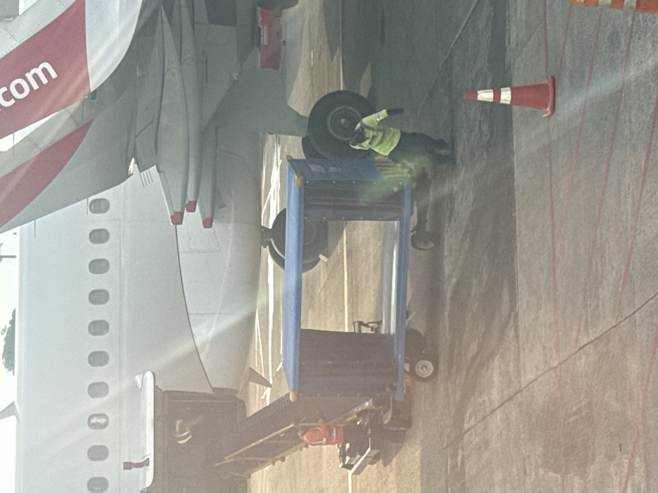 A worker wearing a high-visibility vest stands near an airplane wheel, next to a blue luggage carrier. The aircraft has the text ".com" visible on its wing. The plane's tail fin is red and white. A row of oval windows runs along the fuselage. A red and white traffic cone is placed on the tarmac near the plane's wing.