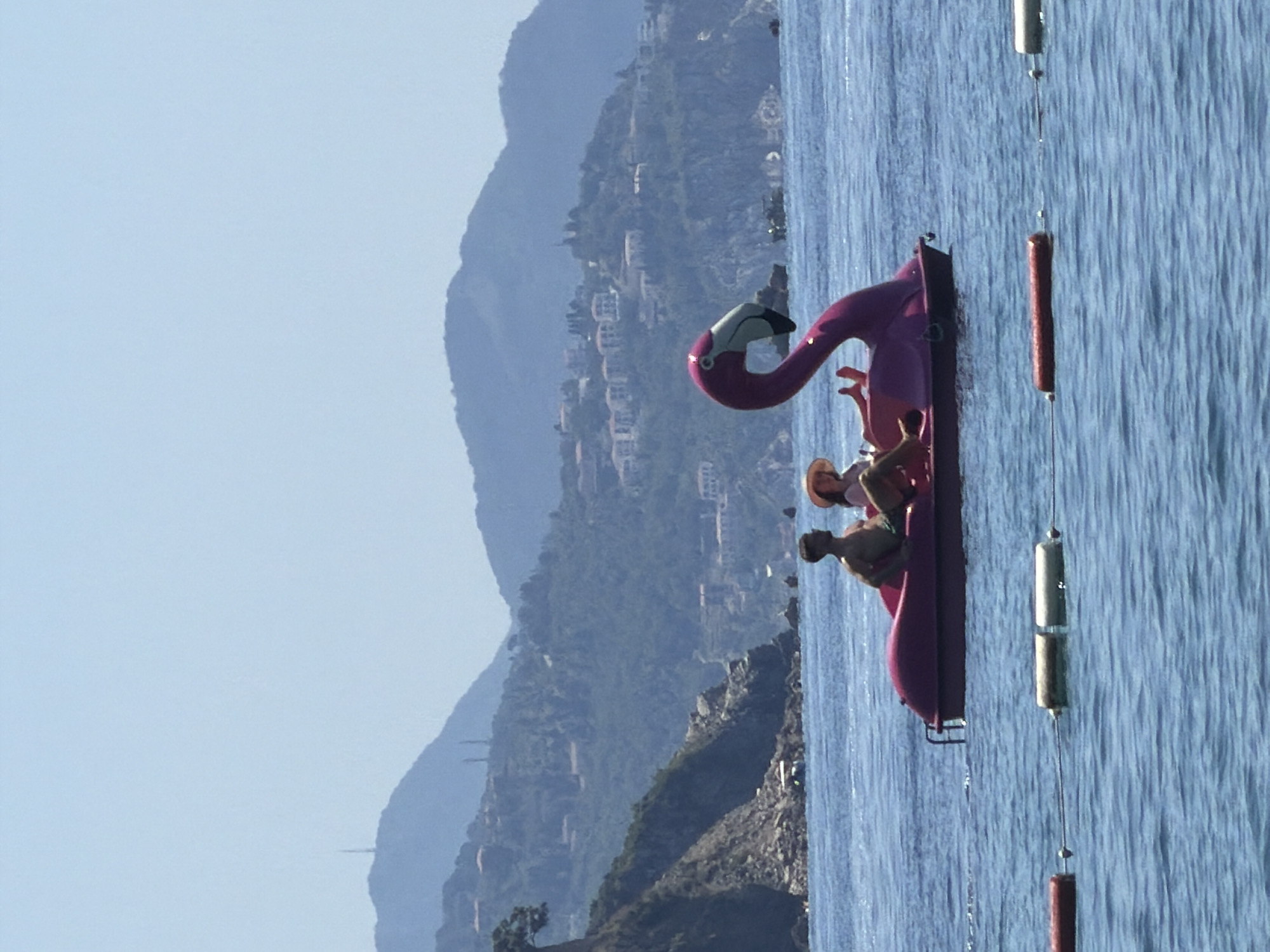 The image displays a coastal scene in Budva, Montenegro, characterized by a clear blue sky, calm water, and mountainous terrain.
In the midground, a magenta-colored pedal boat, distinctively shaped like a flamingo with a green and black beak, floats on the water. Two individuals are aboard the pedal boat. A man with dark hair, shirtless and wearing light shorts, is seated towards the front of the boat, facing right. Behind him, a woman wearing a light-colored straw hat is also seated, her bare legs visible. A line of buoyant markers, including one reddish-orange cylindrical buoy and two white cylindrical buoys, extends horizontally across the lower portion of the frame in the foreground.
The background features a multi-layered coastline and mountains. On the left, a steep, rocky cliff face with sparse green vegetation, including a lone tree perched at the top of the cliff, meets the water. A small, light-colored boat or structure is partially visible at the base of this cliff. Behind the immediate coastline, lush, green mountains rise, dotted with numerous white or light-colored buildings featuring terracotta roofs, characteristic of Mediterranean architecture. Further in the distance, successive layers of mountains appear hazier and bluer, stretching across the horizon. A slender, dark transmission tower or antenna is visible atop a prominent peak on the far left. The water in the midground and foreground is a deep blue with subtle surface ripples, reflecting the bright, clear conditions of the sky.