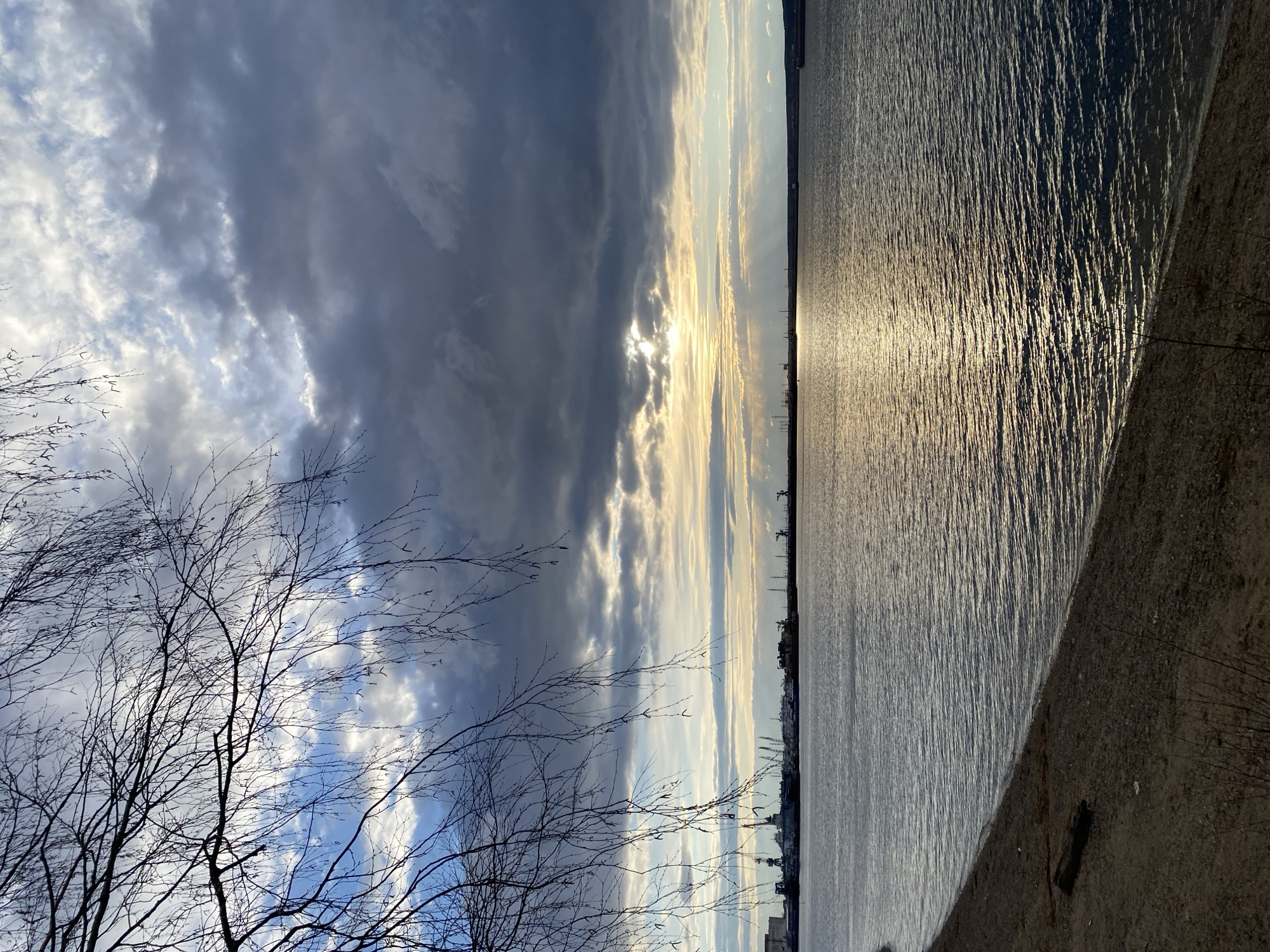 The image depicts a vast body of water under a dynamic sky, with bare tree branches in the foreground. The scene is illuminated by a low-lying sun, partially obscured by clouds, which casts a brilliant, shimmering reflection across the water's surface.
The sky occupies the upper half of the frame, filled with a mix of heavy, dark grey clouds and lighter, brighter patches. The sun, positioned towards the upper right, breaks through a cloud bank, creating a strong golden glow. This light illuminates the edges of the surrounding clouds and strews golden reflections across the water below.
The water, likely a river or large lake given the Chaikovsky, Russia context, fills the lower half of the image. Its surface is covered with numerous ripples, which catch the sunlight and create long, parallel streaks of bright yellow and white light extending from the horizon towards the viewer. A dark, textured shoreline or bank is visible along the very bottom right edge.
In the bottom left foreground, the silhouetted, leafless branches of a tree extend upwards into the frame, their intricate network of twigs adding a delicate contrast against the cloudy sky. Along the distant horizon, on the far side of the water, faint silhouettes of what appear to be industrial structures or buildings, possibly cranes, can be seen against the lighter sky.
The time of day appears to be either late afternoon or early morning, characterized by the low sun angle and the dramatic golden light. The weather is partly cloudy, with significant cloud cover but also clearings allowing the sun to shine through. There are no visible people or text in the image, and no specific activity or event is taking place, presenting a serene yet dramatic landscape.