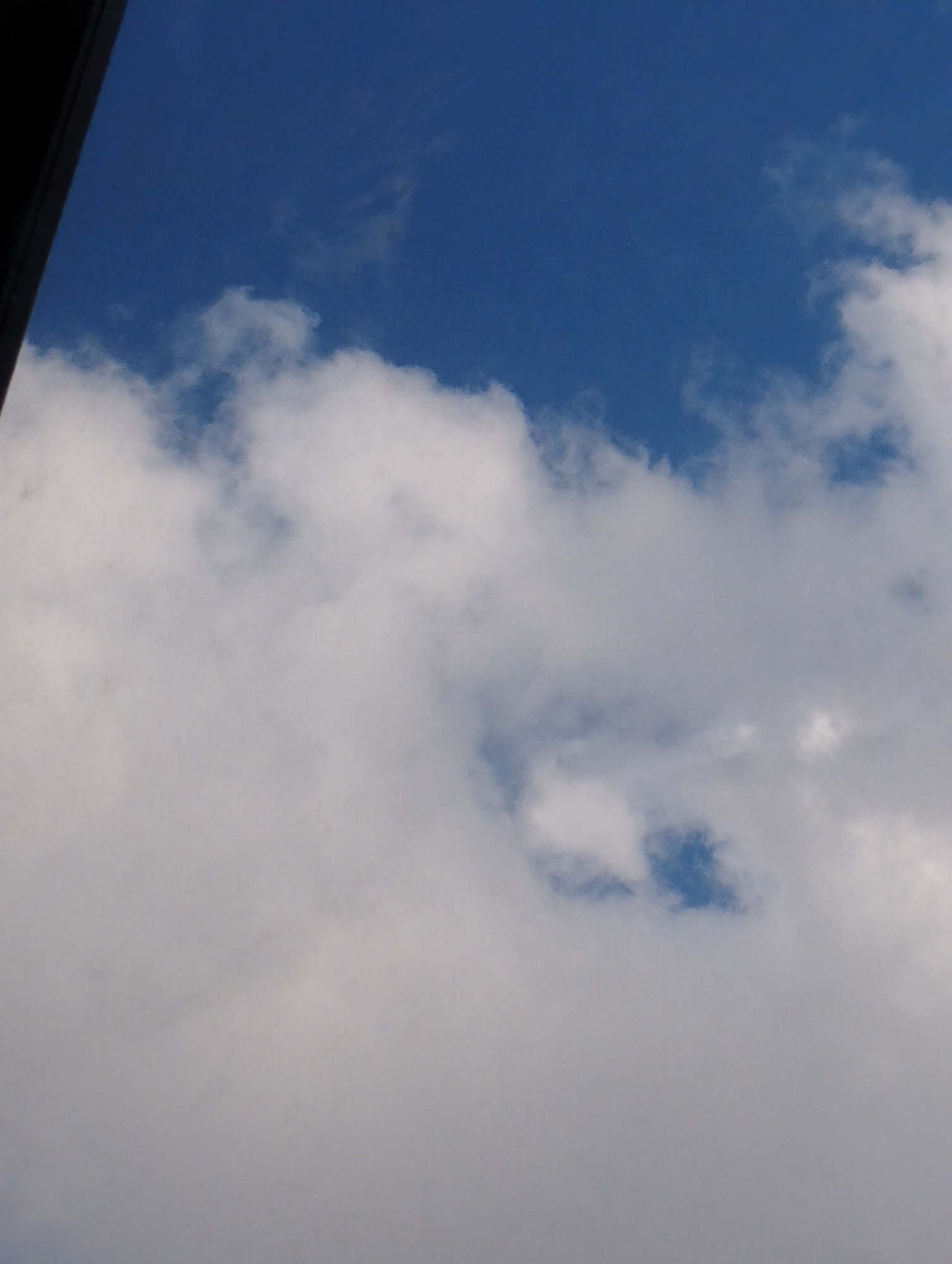 This is a vertically oriented photograph of the sky. A dark, angled shape, likely a building or frame, occupies the far left of the image, creating a vignetting effect. The majority of the frame is filled with the sky and clouds. The upper portion of the sky is a vibrant, clear blue, indicating daylight. Below the blue sky, a thick layer of white, fluffy clouds dominates the lower two-thirds of the image. These clouds are dense and varied in texture, with some appearing soft and wispy, while others are more opaque and substantial. There are breaks in the cloud cover in the middle and lower sections of the image, revealing patches of the blue sky beneath. The lighting suggests it is daytime, possibly late morning or early afternoon, with the sun high in the sky illuminating the clouds. The overall impression is one of a bright, clear day with scattered cloud cover. No people, objects, text, or specific location cues are visible within the frame of the sky itself, beyond the implied outdoor setting.