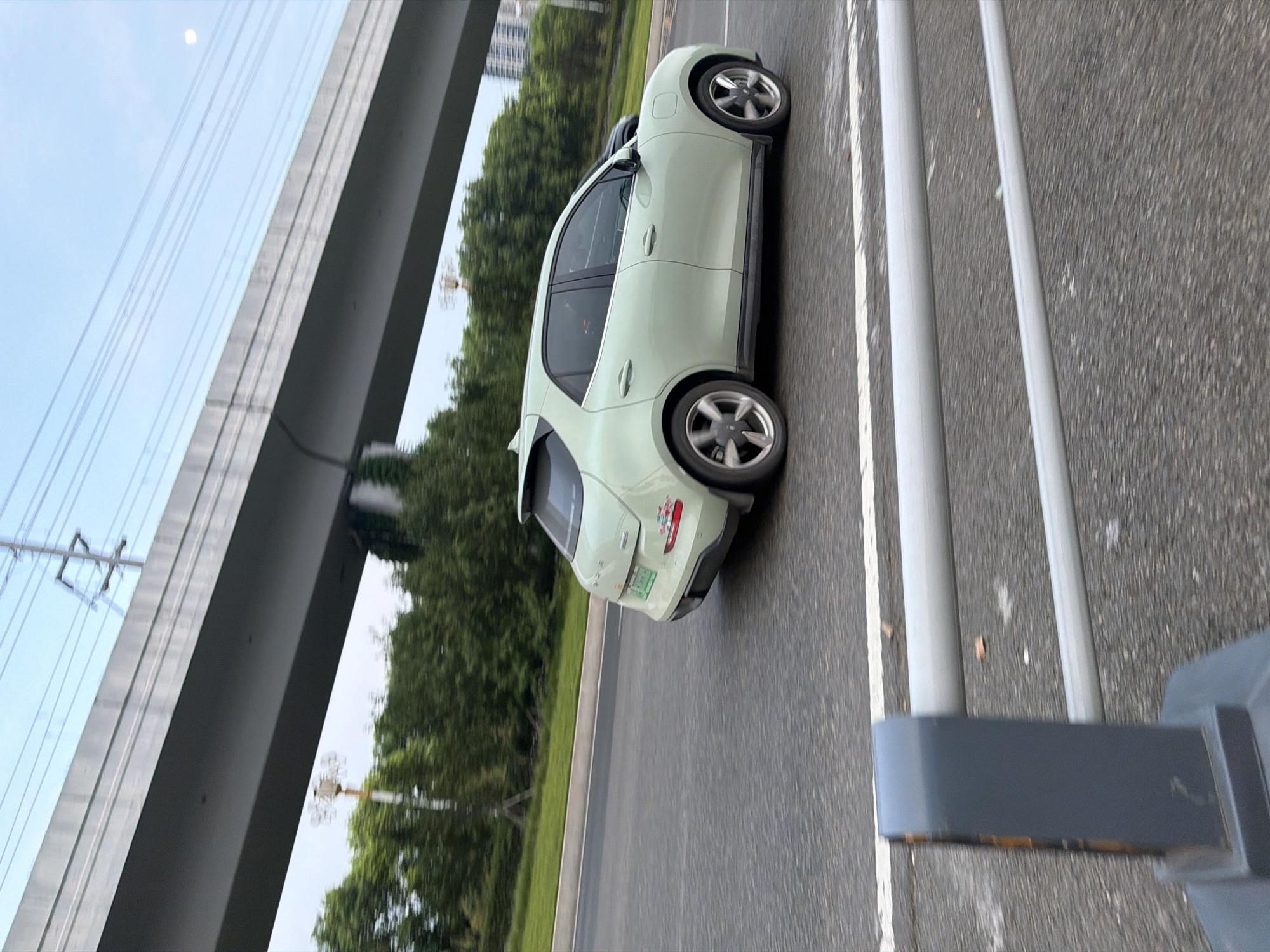 A light green electric car, identified as a Great Wall Ora Good Cat, is driving on a multi-lane road in Jiangjin, China. The car is in motion, captured from a slightly angled side view, revealing its hatchback design, rounded features, and distinctive wheels. A green license plate is visible on the rear of the vehicle. The road is paved with asphalt and has white lane markings. In the background, a large concrete overpass with power lines above it spans across the scene. Lush green trees line the sides of the road, and the sky is overcast with a few wispy clouds. A grey barrier with horizontal bars is in the foreground, partially obscuring the lower portion of the image. The scene appears to be in an urban or suburban area, given the presence of the overpass and trees.