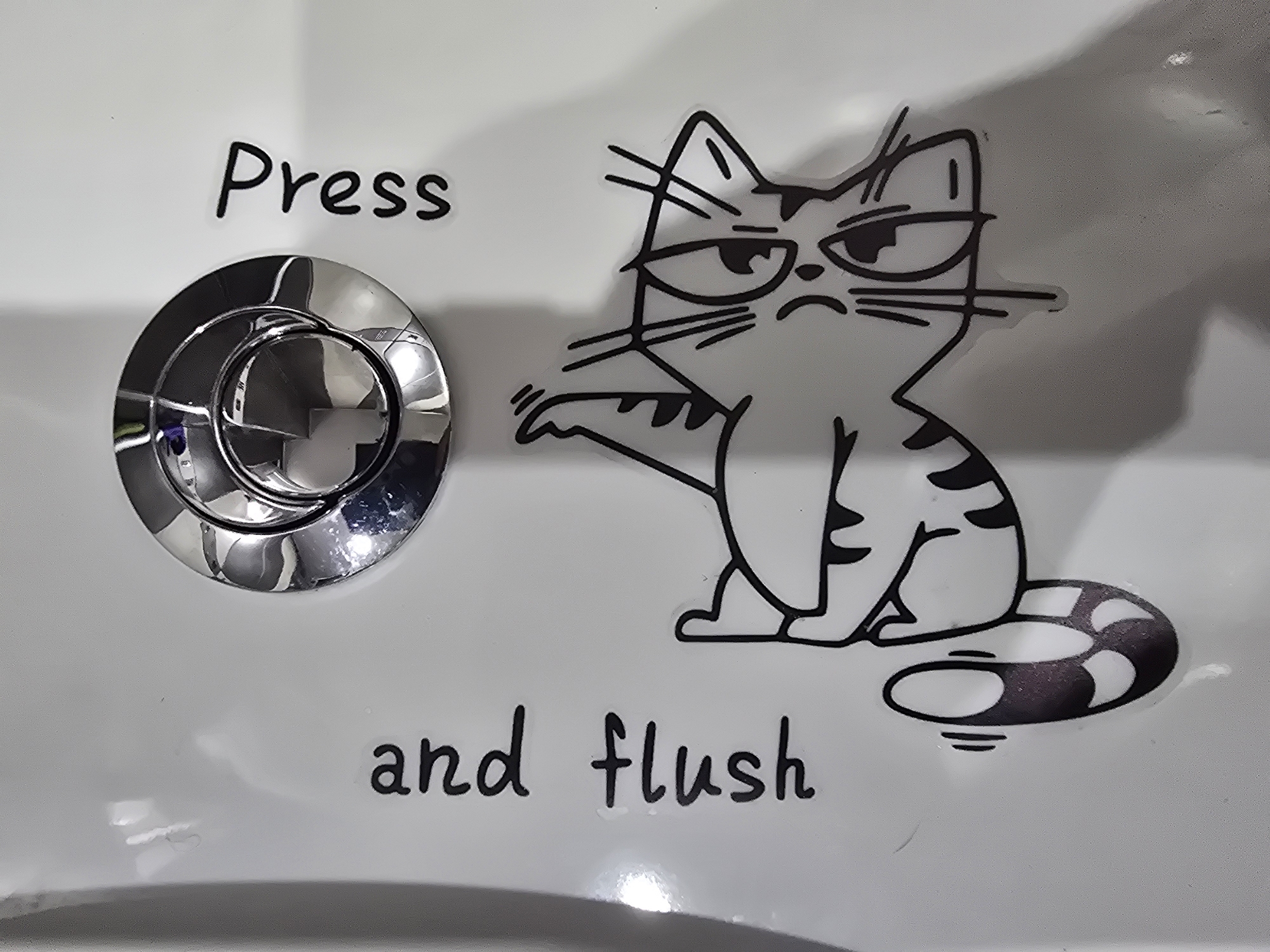 The image shows a close-up of a toilet flush button with text and a sticker of a cartoon cat. The flush button is circular and made of shiny chrome. To the right of the button, the word "Press" is written vertically in black, stylized font. To the left of the button, the words "and flush" are written vertically in a similar black font. Below the text and to the right of the button, there is a sticker of a cartoon cat with its mouth open in a distressed expression. The cat is outlined in black and has stripes on its body and tail. The background is a white, reflective surface, likely the lid of a toilet tank. The image is taken from a slightly elevated angle. There is no indication of the location being in Golyanovtsi, Bulgaria, or any other specific city.