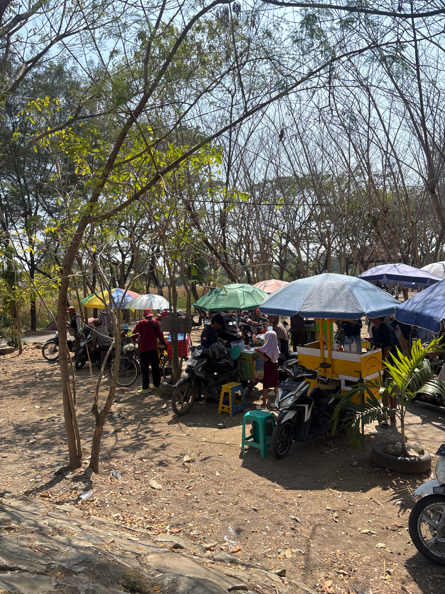 This image depicts an outdoor market scene in Kaligangsa Wetan, Indonesia. Several stalls with colorful umbrellas are set up, offering food and drinks. People are seen interacting with vendors, purchasing items, and congregating around the stalls. Motorcycles are parked nearby, indicating a mode of transportation for visitors. The environment is characterized by dirt ground, sparse vegetation, and trees with bare branches, suggesting a dry or seasonal climate. The overall atmosphere appears to be that of a casual, local marketplace.