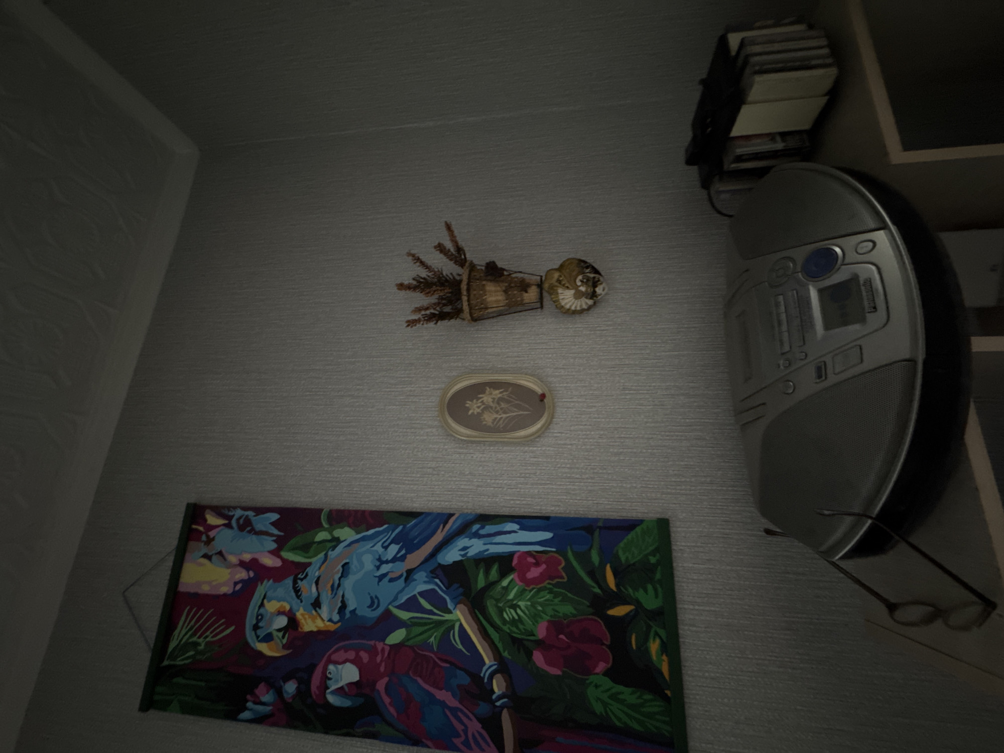 A framed tapestry depicting two parrots hangs on a textured, light grey wall. To the right of the tapestry, an oval-shaped framed print with a floral motif is mounted. Below that, a small, woven basket filled with dried plant material is attached to the wall, with a shell ornament beneath it. In the foreground, a silver boombox with a CD player sits on a shelf. A pair of eyeglasses rests on the boombox. To the right of the boombox, a stack of CDs in a black case is visible. The scene appears to be an indoor domestic setting, possibly a living room or bedroom. The lighting is dim, casting shadows on the wall and objects. The overall impression is one of a slightly dated, personal space. The city of Shymkent, Kazakhstan, is not identifiable from the visual cues in this image.