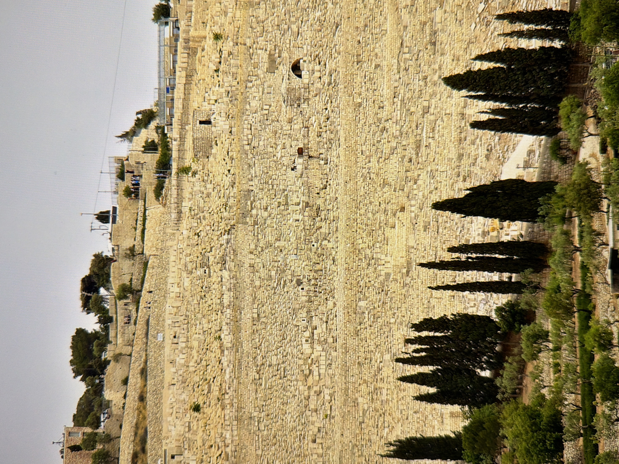 This image depicts a large, ancient stone wall, likely a historical fortification, under a bright, overcast sky. The wall is constructed from numerous small, rectangular stones of varying shades of tan and beige. Several openings or windows are visible in the wall, suggesting it has a long history of use and modification.
To the left of the wall, on an upper level, a group of people are visible standing and walking. They appear to be tourists or visitors, given their casual attire and the presence of what looks like a railing or safety barrier. Some trees and foliage are scattered around this area, indicating an outdoor setting with some greenery.
In the foreground and to the right of the wall, a line of dark green, conical trees creates a distinct silhouette against the stone. Beyond these trees, more vegetation and what appears to be a pathway or road can be seen, also bordered by trees.
The overall scene suggests a daytime setting, with soft, diffused light characteristic of an overcast day. The architecture of the wall implies a location with significant historical importance. Given the provided location context of Kyiv, Ukraine, this wall could be part of the ancient city fortifications or a historical landmark within the city. No discernible text is visible in the image. The mood conveyed is one of historical grandeur and exploration.