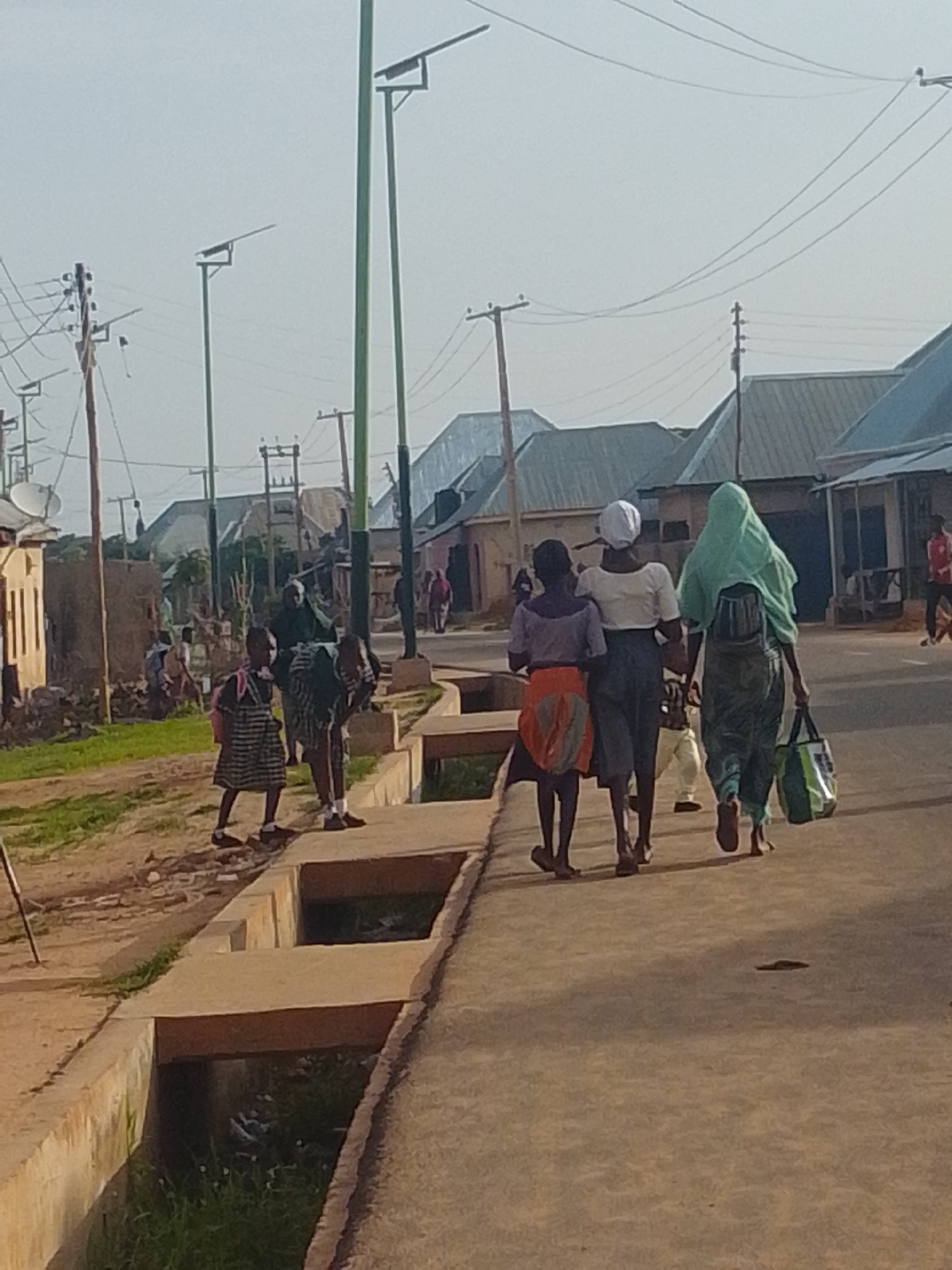 In the city of Tempure, Nigeria, a group of people are walking along a paved road. In the foreground, two children in school uniforms, one with a pink backpack, walk on the left side of the road, near a drainage ditch. Behind them, three women are walking on the right side of the road. One woman is wearing a light blue headscarf and a green dress, carrying a green and white bag. Another woman is wearing a white headscarf and a dark blue skirt. The third woman is wearing a purple top and an orange skirt. In the background, several houses with corrugated metal roofs are visible, along with power lines and streetlights. The sky is overcast, and the overall lighting suggests it is late afternoon.