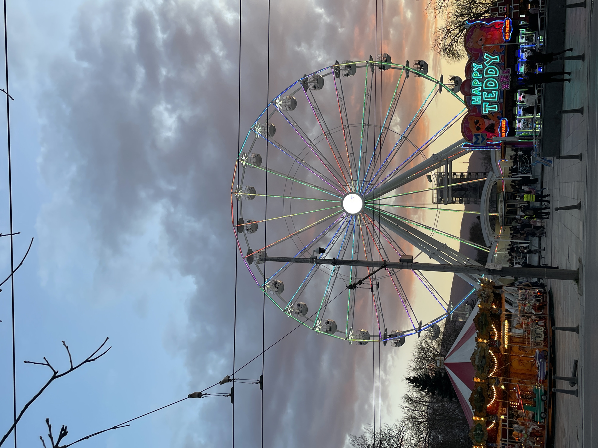 The image depicts a fairground scene in Sofia, Bulgaria, featuring a large Ferris wheel adorned with multicolored lights. The sky is overcast with grey and orange hues suggesting dusk. Power lines are visible in the foreground, extending from a utility pole.
To the right of the Ferris wheel is a "HAPPY TEDDY" booth illuminated with neon lights. People are standing near the booth. Below the Ferris wheel, a carousel with a red and white striped tent top is present. The image is taken at ground level, presenting a slight upward angle of view. Bare tree branches are visible in the lower left and right corners.