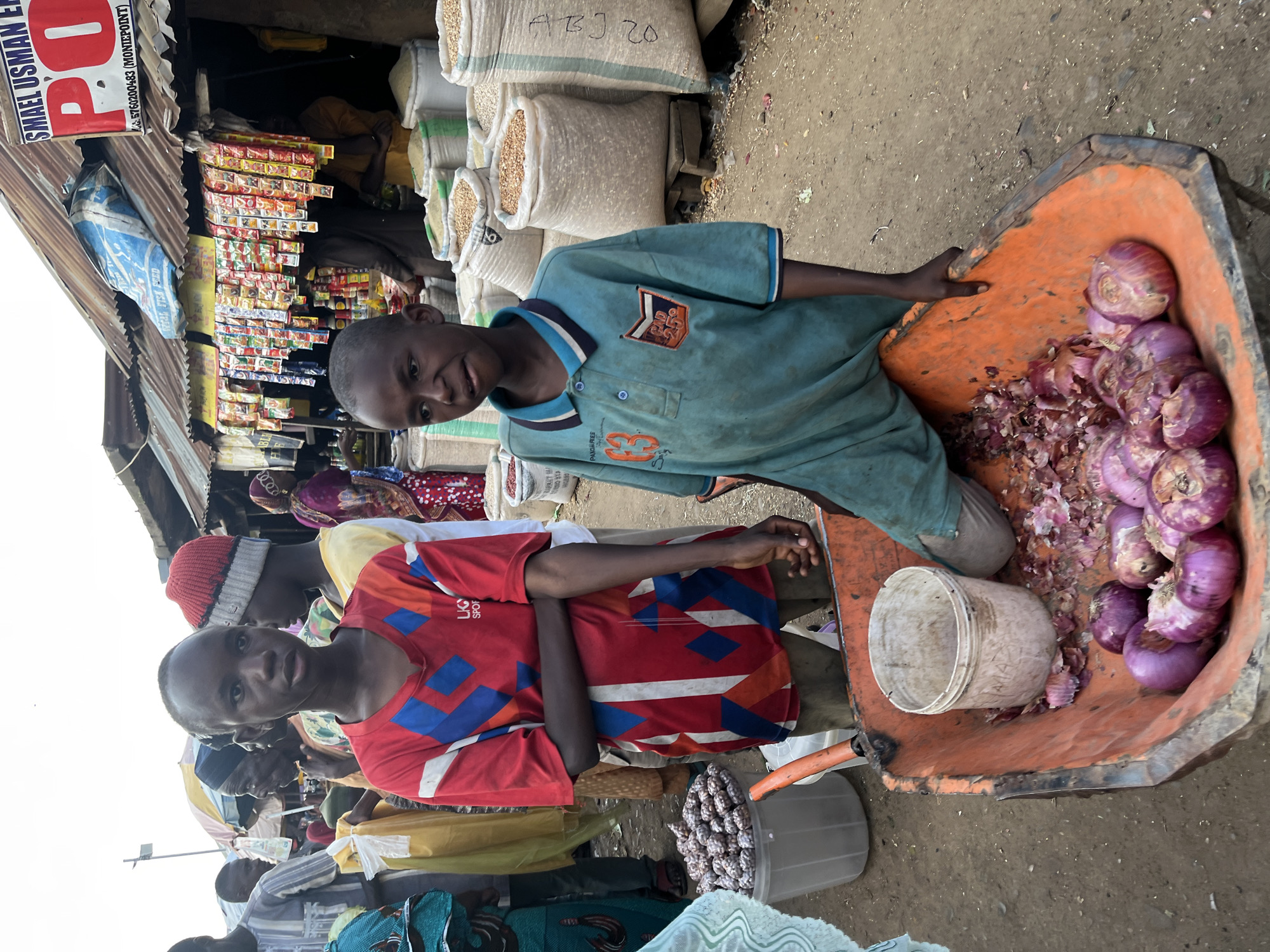 In Rafin Par, Nigeria, two young boys stand in a bustling outdoor market. The boy on the left, wearing a red and blue patterned shirt, stands with his arms crossed. Beside him, the boy on the right, in a teal polo shirt, rests his hand on the edge of an orange wheelbarrow filled with red onions and onion skins. Behind them, stalls are lined with sacks of grain, and vendors attend to customers. The scene is a snapshot of daily commerce in the Nigerian city.