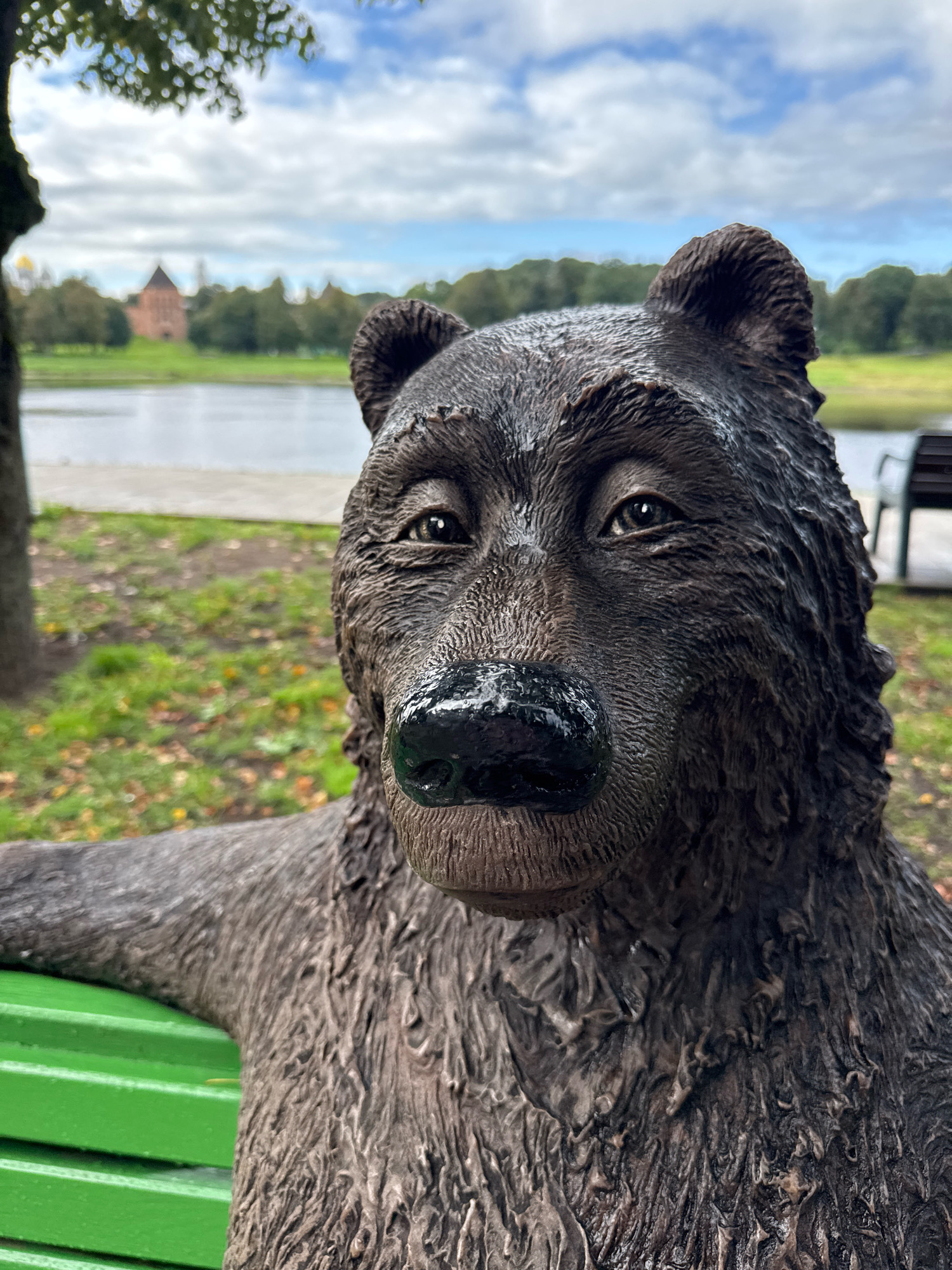 A close-up, eye-level, outdoor shot features a dark brown, textured bear statue seated on a vibrant green park bench. The statue's head is turned slightly towards the viewer, with its snout wet and shiny. In the background, a calm body of water stretches across the frame, with a tree line and a red brick building, possibly a church or fortress tower, visible on the far bank. The sky above is a mix of white clouds and blue. The ground surrounding the bench is covered with green grass and fallen autumn leaves. The overall atmosphere suggests a park setting in Veliky Novgorod, Russia, likely near the Volkhov River and the Novgorod Kremlin.