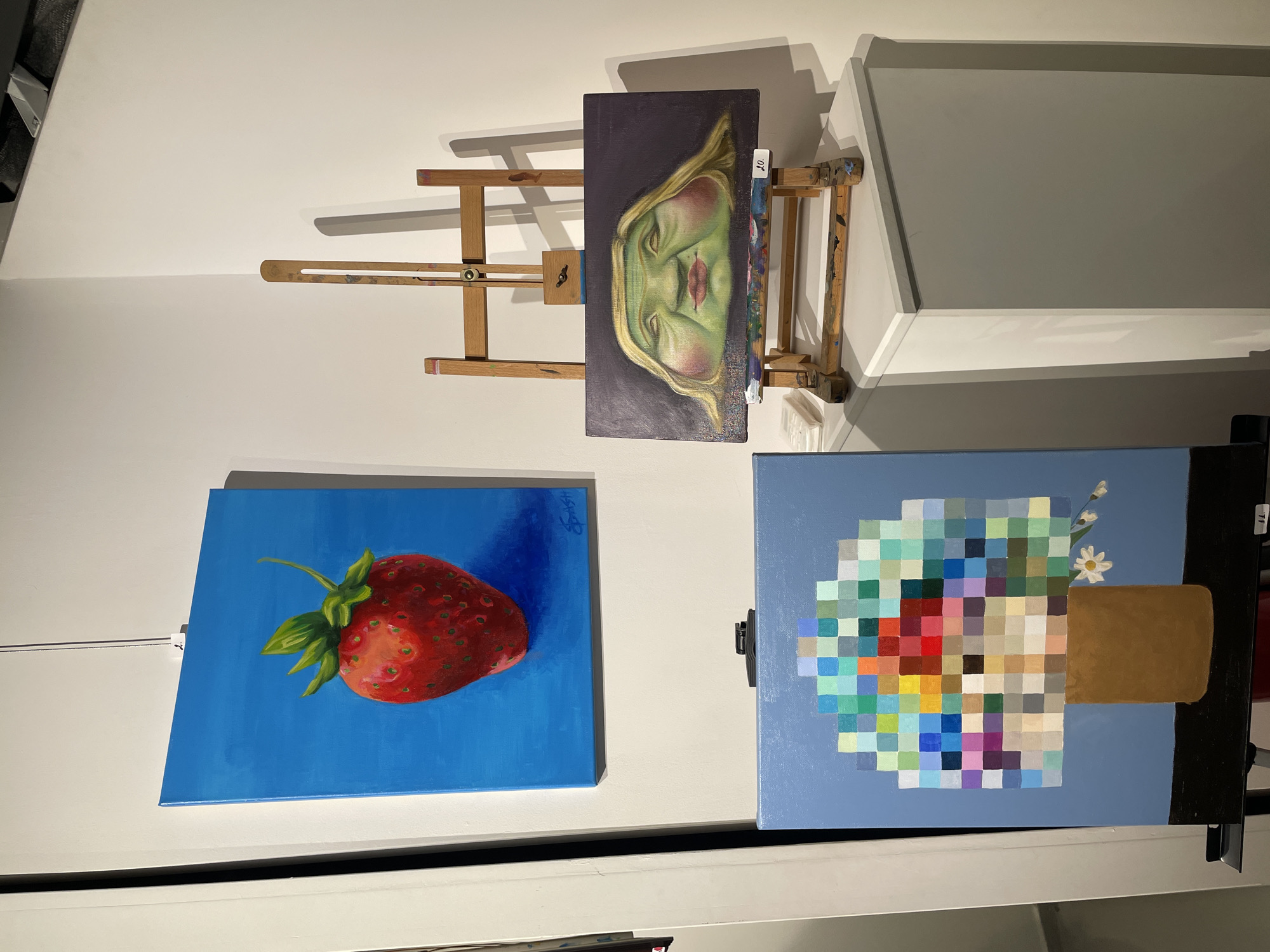 The image shows an exhibition of paintings in what appears to be a gallery or art space. The location is possibly in Plovdiv, Bulgaria, but this cannot be confirmed with certainty from the image alone.
There are three paintings prominently displayed:
1. A realistic painting of a large strawberry against a bright blue background. It is hanging on the wall.
2. A painting on an easel depicting a green-skinned face with prominent lips and blonde hair.
3. A painting that appears to be a bouquet of flowers rendered in a pixelated or mosaic style, with a light blue background and a brown vase.
The paintings are illuminated with what appears to be track lighting. The environment is clean, with white walls. There are parts of furniture or shelving visible at the bottom of the image. No people are visible in the picture.