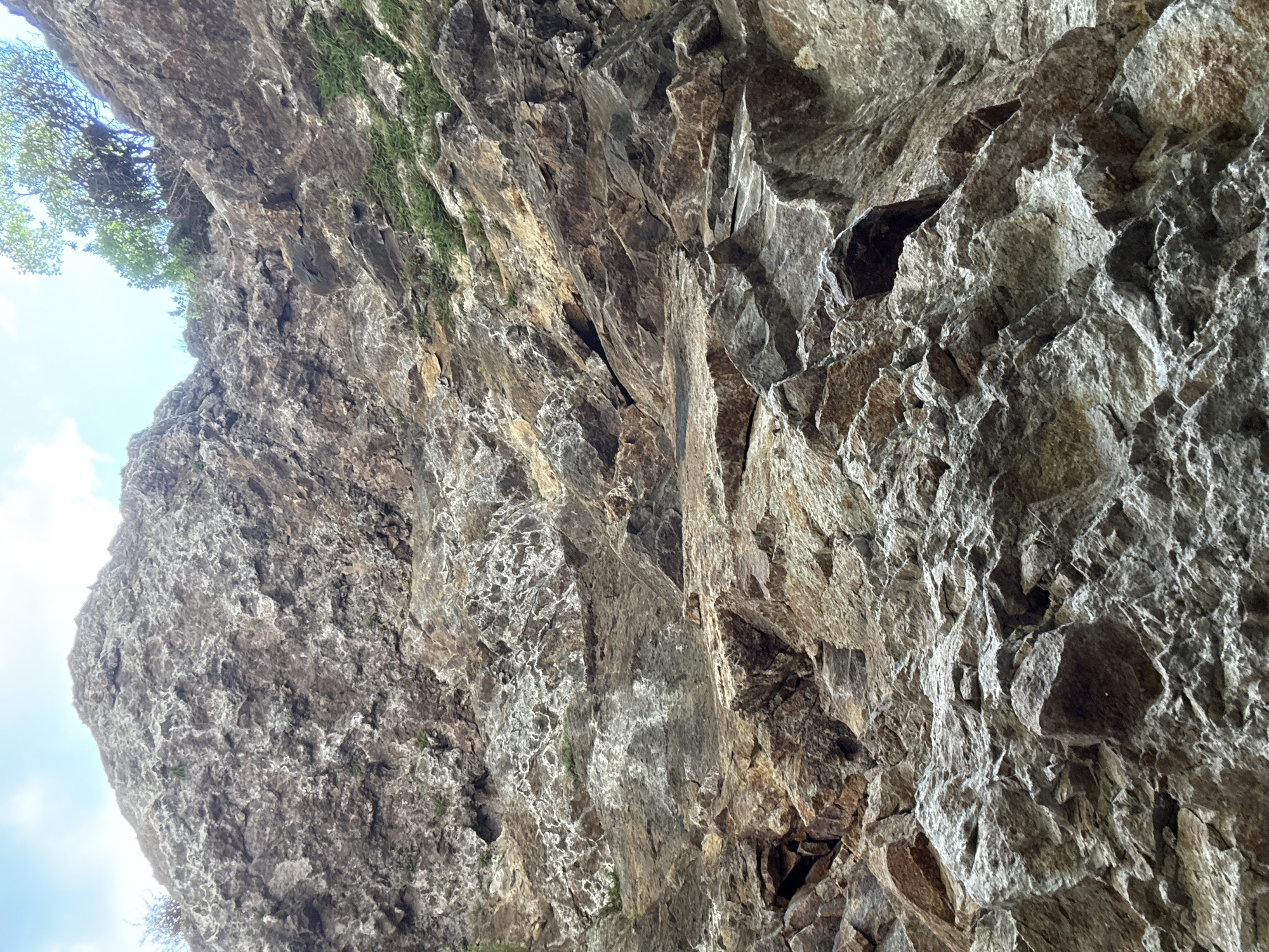 The image depicts a close-up, upward-looking view of a rough, textured rock face, likely a cliff or cave interior, in Goght, Armenia. The rock formations are varied in color, ranging from gray and brown to hints of reddish-brown, with some areas exhibiting white mineral deposits or lichen growth. Layers and fissures are clearly visible, indicating geological strata and erosion. Patches of green moss or small plants cling to some surfaces. At the bottom of the frame, a bright blue sky with scattered white clouds is visible, along with the branches and leaves of green trees, suggesting an outdoor environment. The perspective implies the viewer is positioned at the base of the rock formation, looking up. No people or specific structures are present.