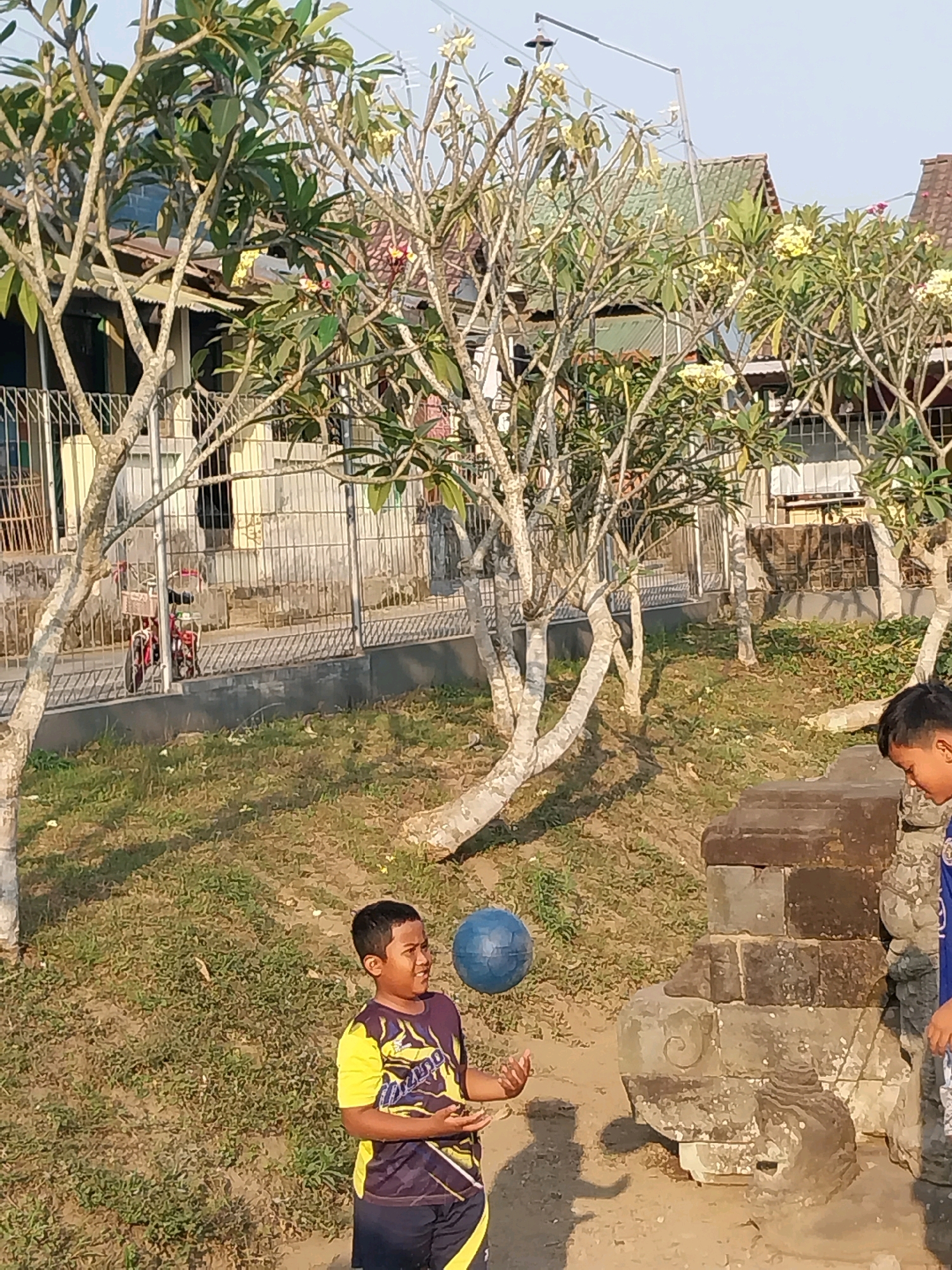 In Kedawung, Indonesia, a young boy, around 8 years old, is depicted in the foreground, facing to the right and looking upwards. He wears a yellow and purple t-shirt with a design and dark shorts. His hands are outstretched as if catching or about to catch a blue ball suspended in the air to his right. The boy's shadow is cast on the ground to his left. To the right of the boy, another young boy, partially visible and facing left, is also looking towards the ball. They are in an outdoor setting with a grassy area and dirt ground. In the background, several trees with thin branches and some green leaves are prominent. Beyond the trees, there is a fence and buildings with tiled roofs, suggesting a residential area. A motorcycle is visible behind the fence. The scene appears to be illuminated by natural sunlight, casting shadows.