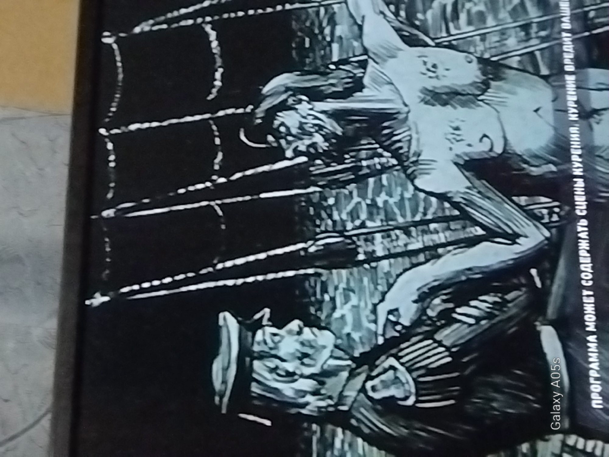 The image displays a scene with two figures on a ship, rendered in a black and white, sketch-like style. The figure on the left is wearing a hat and a uniform with epaulets, facing to the right. The figure on the right, with a bare chest and long hair, is facing the left figure. The background appears to be a ship's rigging and the sea. Text at the bottom of the image, partially obscured, contains Russian characters and "Galaxy A05s," indicating it is likely a screenshot from a phone. The scene is likely an illustration or a frame from a film, not a real-world photograph, and therefore, its location in Druzhba, Russia cannot be determined from the image content.