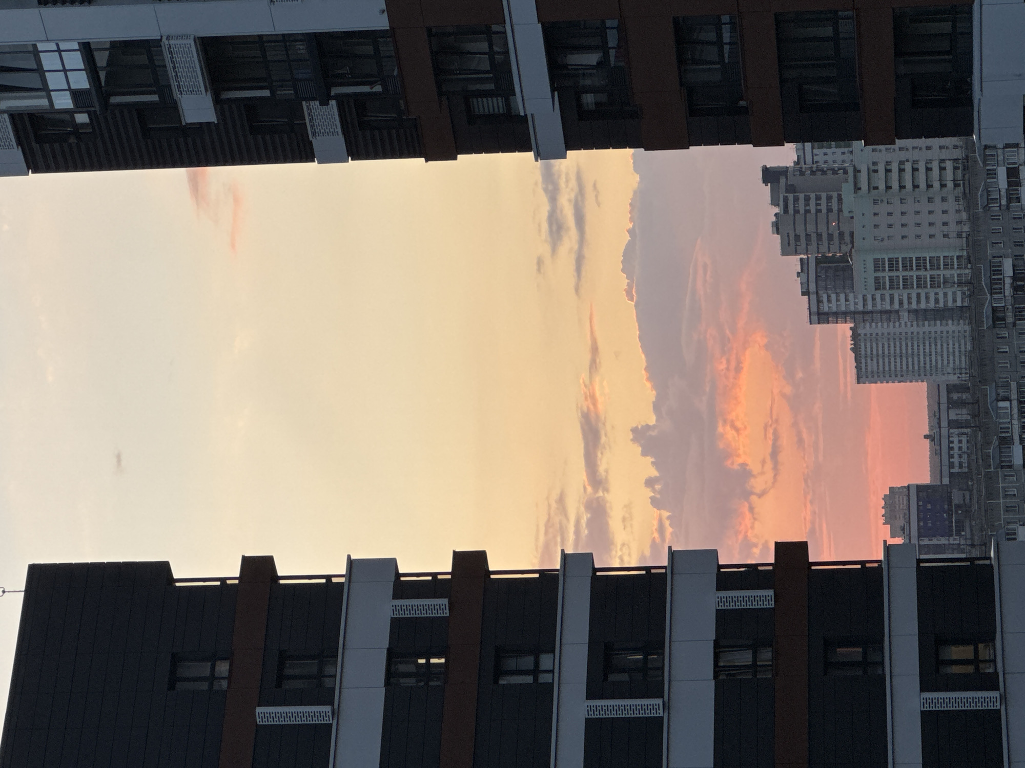 The image captures a cityscape in Novosibirsk, Russia, during sunset. The sky is a gradient of pale yellow and soft pink, with scattered clouds tinged with orange and pink hues. In the foreground, two modern apartment buildings dominate the left and right sides of the frame. These buildings feature dark grey and brown facades, with numerous windows and balconies. White decorative elements are visible on the sides of the buildings.
In the background, a cluster of older, multi-story apartment buildings forms a dense urban landscape. These buildings are primarily light-colored and appear to be of varying architectural styles, typical of Soviet-era construction. The setting sun casts a warm glow on the scene, creating a sense of tranquility. There are no people or animals visible in the image. The perspective is from a high vantage point, looking out over the city.