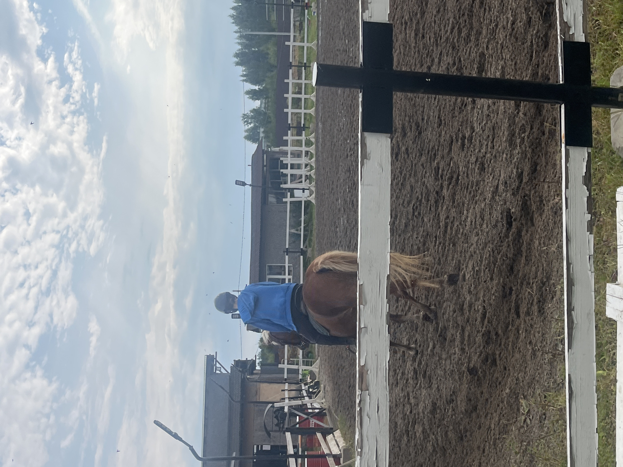 A rear view of a person wearing a blue hoodie and a helmet is riding a brown horse in an outdoor arena. The horse is facing away from the camera and is in motion, with its hind legs visible. The arena appears to be dirt or sand and is enclosed by a white fence. In the background, there are buildings, trees, and a cloudy sky. The location is an equestrian facility in Vladimirovka, Russia.