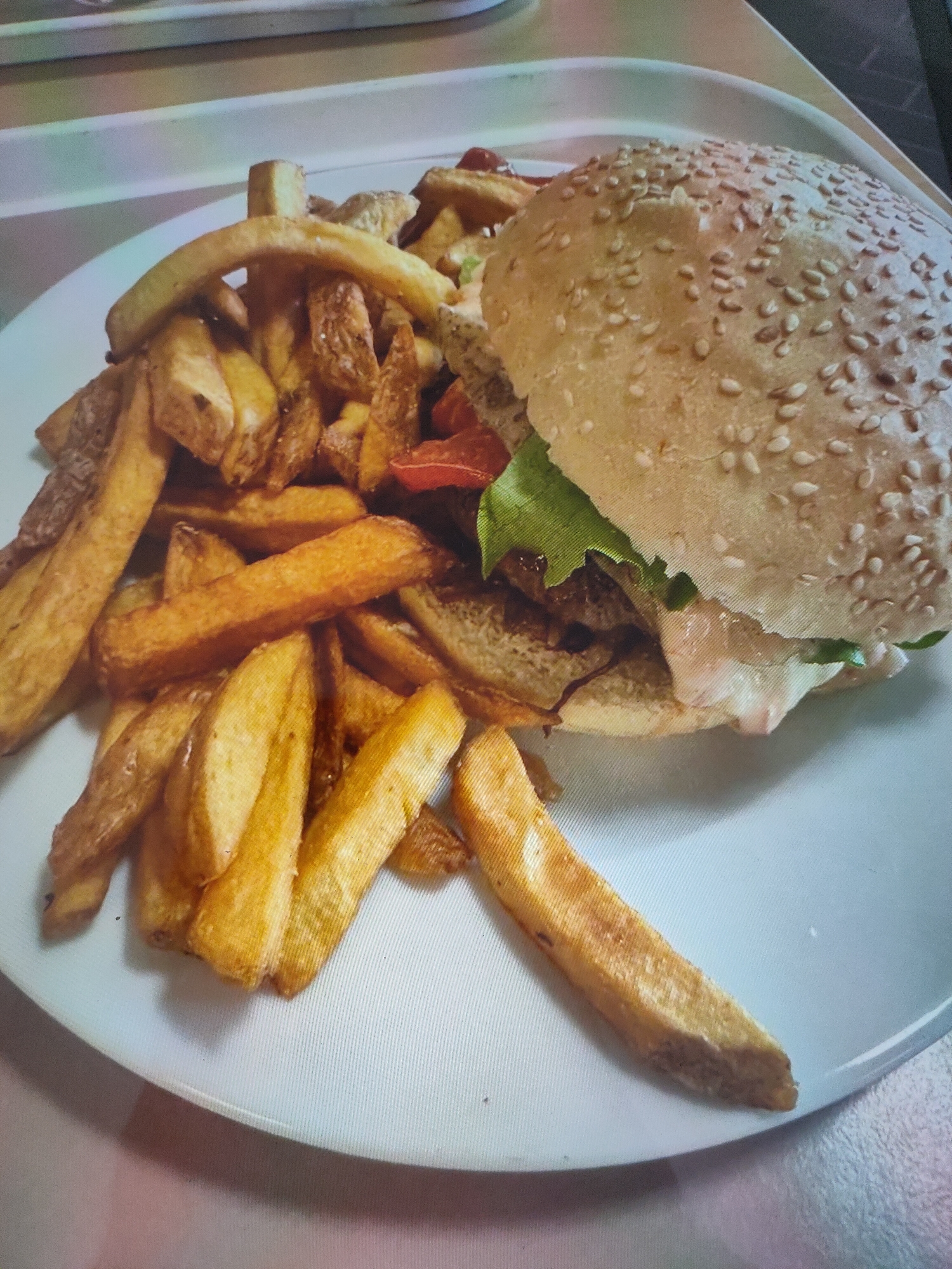 A close-up, eye-level shot shows a white plate with a burger and french fries. The burger is on the right side of the plate, with a sesame seed bun, lettuce, and some sauce. The french fries are piled on the left and in front of the burger. The fries are golden brown and appear to be thick-cut. The plate is on a table with a light-colored surface. The background is out of focus and appears to be a restaurant or food service setting. There is no identifiable information in the image that places it in Zrenjanin, Serbia.