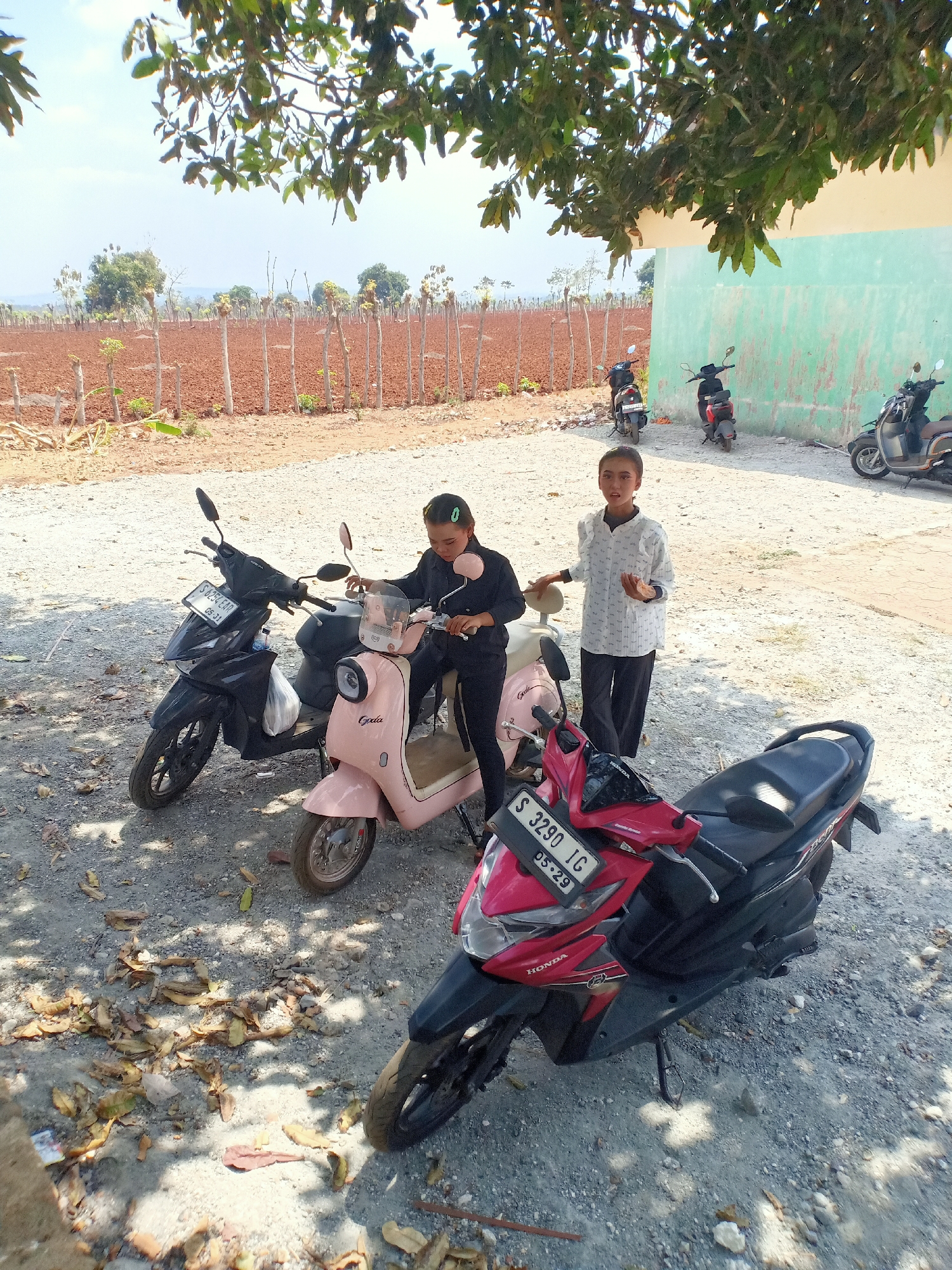 In the city of Kerek, Indonesia, two young individuals are positioned near a row of parked scooters. One individual, wearing dark clothing, is seated on a light pink scooter and appears to be interacting with its handlebars. Next to them, a second individual, dressed in a white collared shirt and dark pants, stands and gestures with their hands, looking towards the camera. Three scooters are visible: a black scooter parked in front of the pink one, and a red and black scooter in the foreground. In the background, a pale green building stands adjacent to a field of red soil, which is demarcated by a simple wooden fence. The environment is outdoors, with gravel on the ground and a tree with green leaves providing shade.