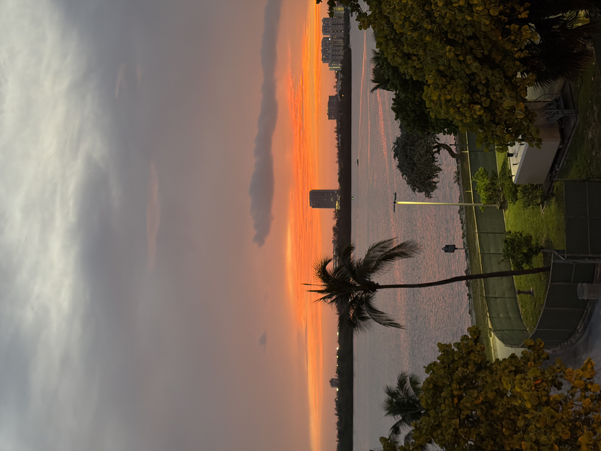 This image captures a scenic sunset over the water in Bal Harbour Village, United States of America. The sky is a vibrant display of oranges and purples, transitioning into darker gray clouds at the top. A tall palm tree stands prominently in the foreground, silhouetted against the colorful sky. In the mid-ground, a body of water reflects the twilight hues, with a distant shoreline dotted with buildings. A singular, tall, rectangular building stands out on the horizon. The foreground features lush green foliage and a paved area bordered by a green fence. A lamppost is also visible on the right side of the frame. The overall scene depicts a tranquil evening setting.