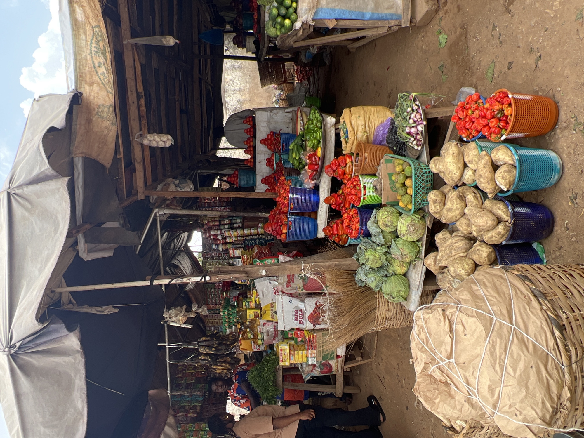 This image captures a vibrant, bustling outdoor market stall, oriented such that the natural horizon appears vertical (rotated 90 degrees clockwise). The scene is rich with fresh produce and various packaged goods, indicative of a local market in Abuja, Nigeria.
In the foreground, a person is partially visible, wearing a light-colored top and dark trousers, seemingly a customer or vendor. Further back, another individual in a blue patterned top stands behind a counter, attending to the goods.
The stall is a makeshift structure with wooden beams, metal poles, and a roof made of canvas and various fabrics providing shade. Natural light suggests it is daytime with fair weather.
The ground is compacted dirt. A wide array of produce is meticulously displayed, largely contained within colorful plastic baskets (blue, green, orange, purple) and some woven baskets. Notable produce includes:
* Piles of bright red scotch bonnet peppers.
* Large, light-skinned tubers, likely yams or sweet potatoes.
* Green and red bell peppers, tomatoes, and cucumbers.
* Cabbages and onions/shallots.
* Small green limes or similar citrus fruits.
Deeper within the stall, shelves are stocked with numerous packaged items, including cans, bottles, and sachets. Prominently displayed are white bags branded "BIG BULL," likely containing rice. Dried fish or meat hangs from the wooden beams, and mesh bags of garlic bulbs are also suspended. A large bundle wrapped in brown paper and tied with white string rests on a woven basket in the bottom-right of the image. The overall impression is that of a busy, well-stocked market stall facilitating daily commerce.